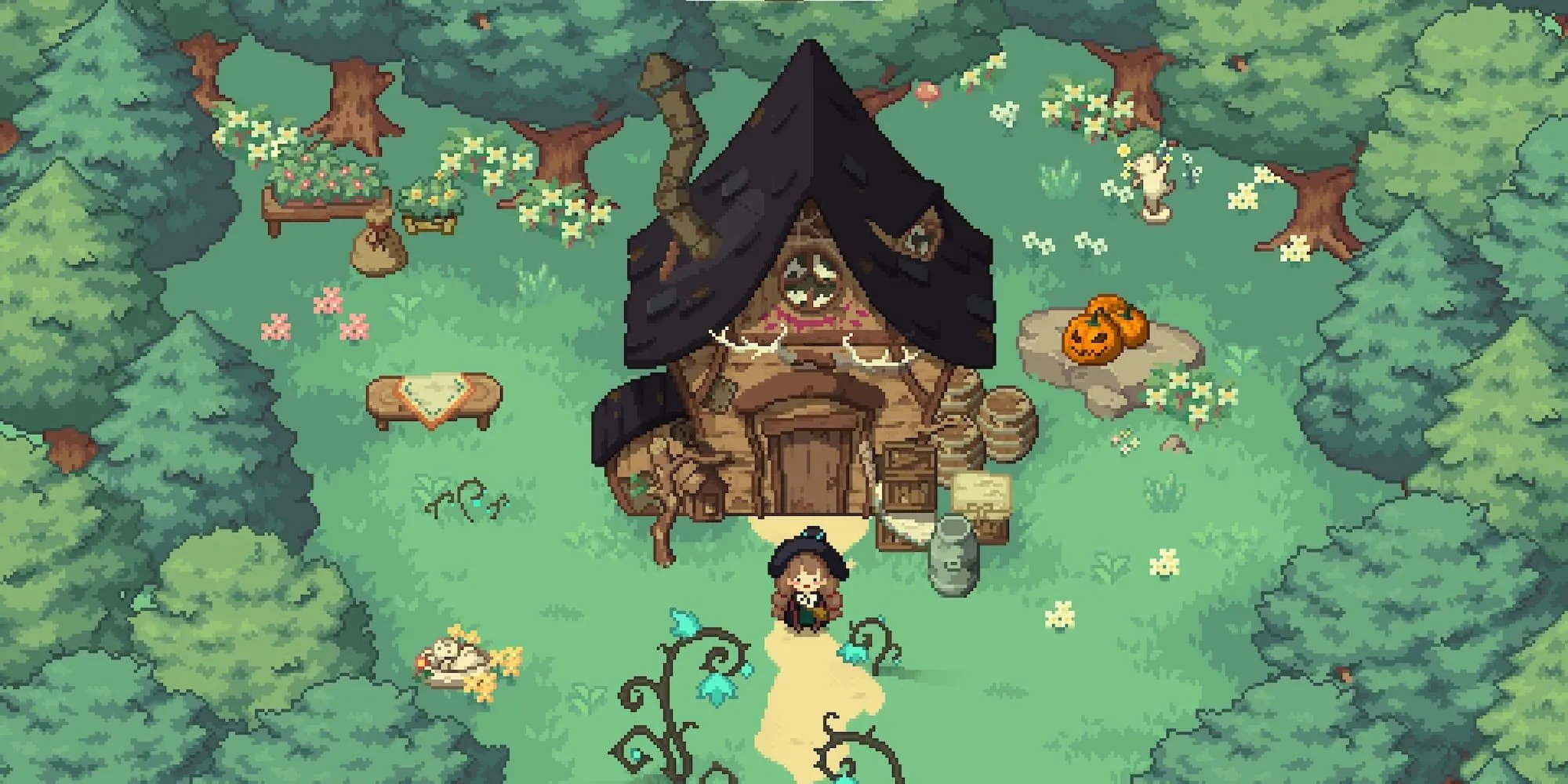 Phù thủy nhỏ Ellie đứng trước căn nhà tranh ấm cúng giữa khu rừng trong Little Witch in the Woods