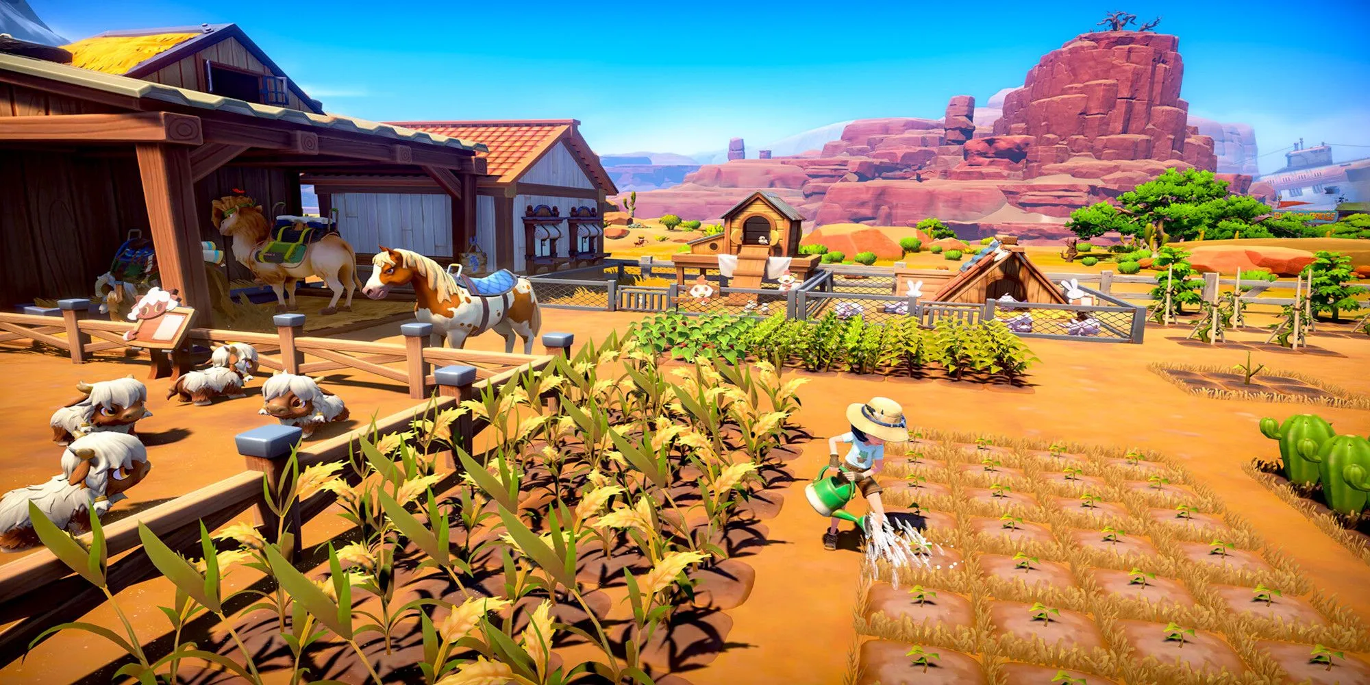 Player farming a field with horses near a barn in My Time at Sandrock