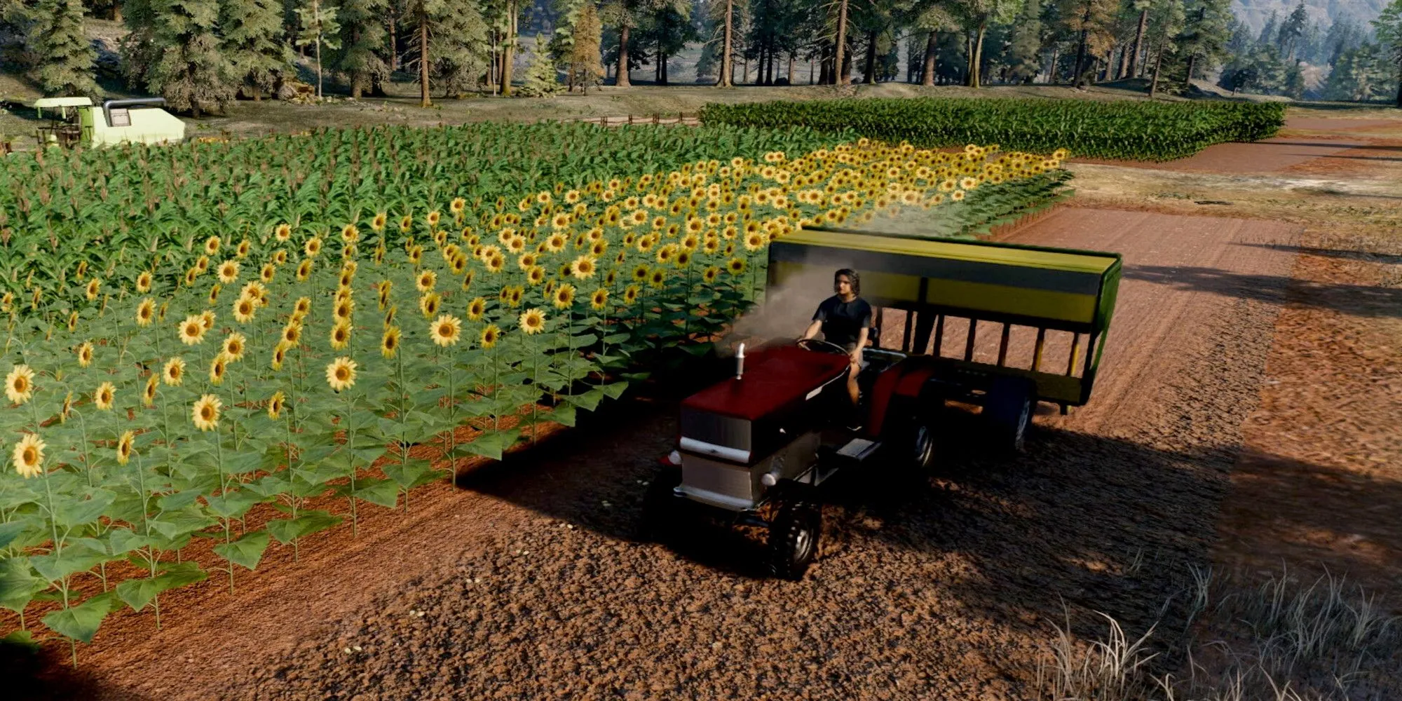 Player riding a tractor and harvesting corn in Ranch Simulator