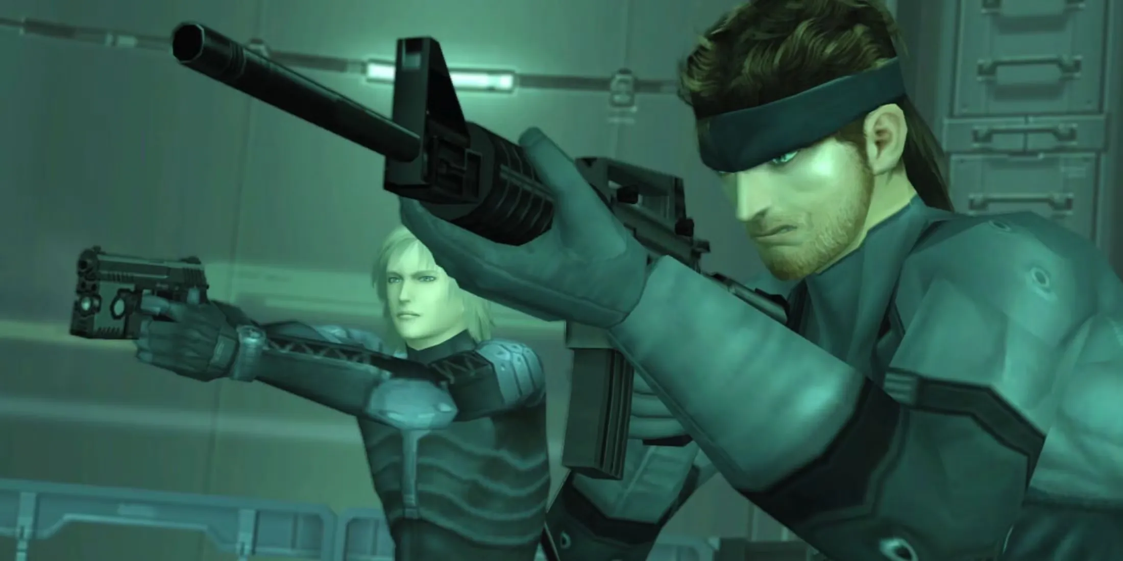 Poster chính thức của Metal Gear Solid 2 Sons of Liberty với hình ảnh Raiden và Solid Snake
