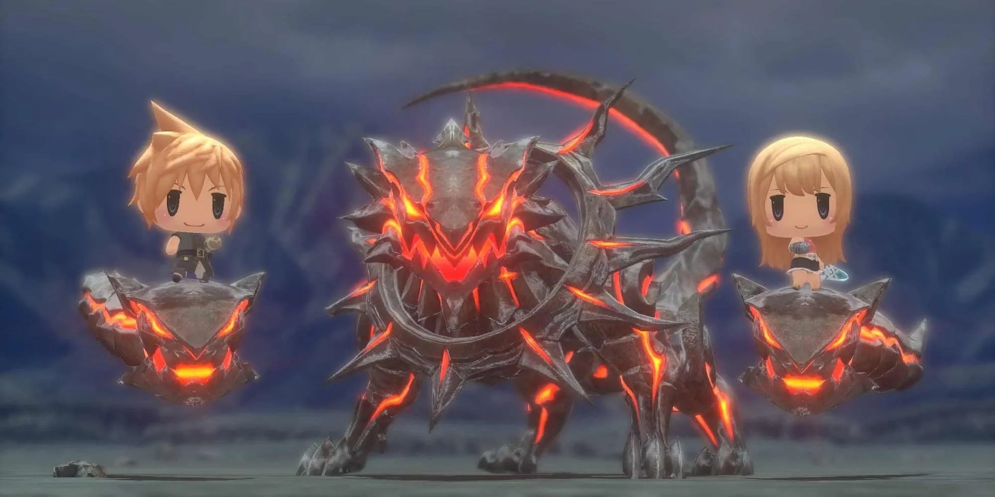 Quái vật và hai nhân vật chibi trong World of Final Fantasy
