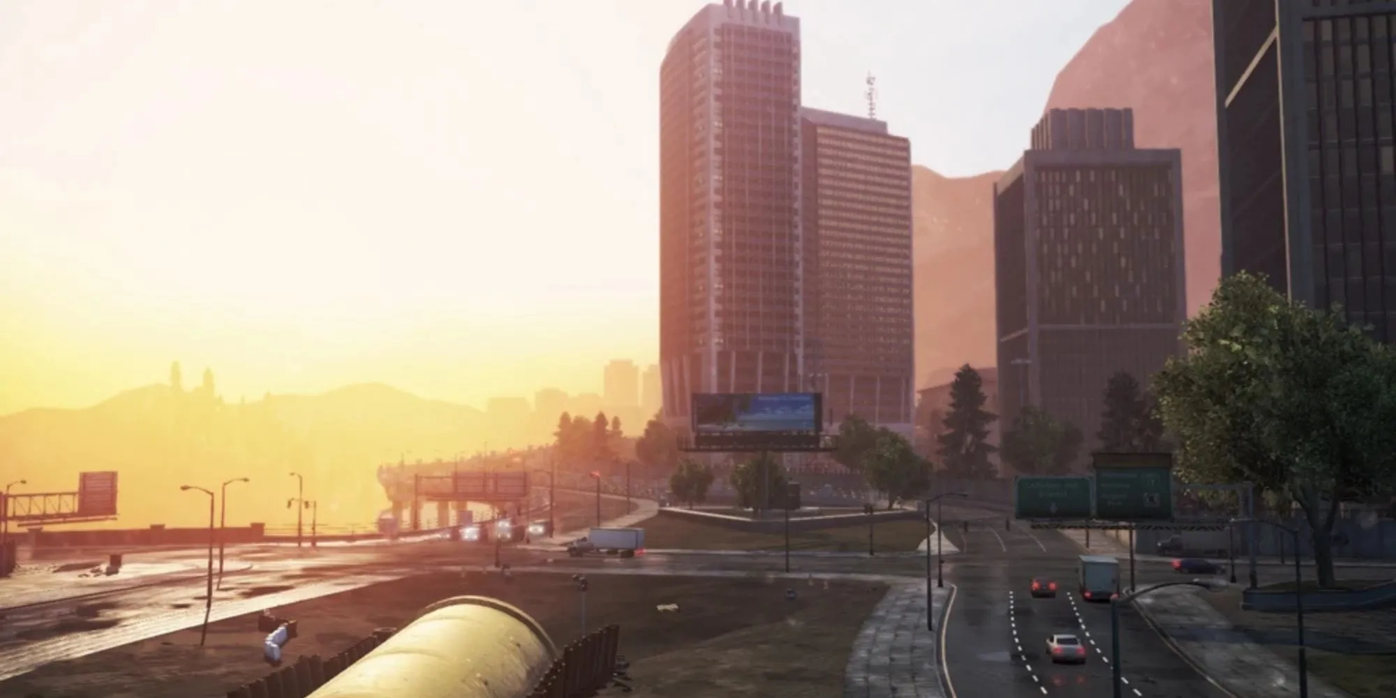 Quang cảnh thành phố Fairhaven trong Need for Speed Most Wanted 2012 với nhiều tòa nhà cao tầng và đường phố rộng lớn