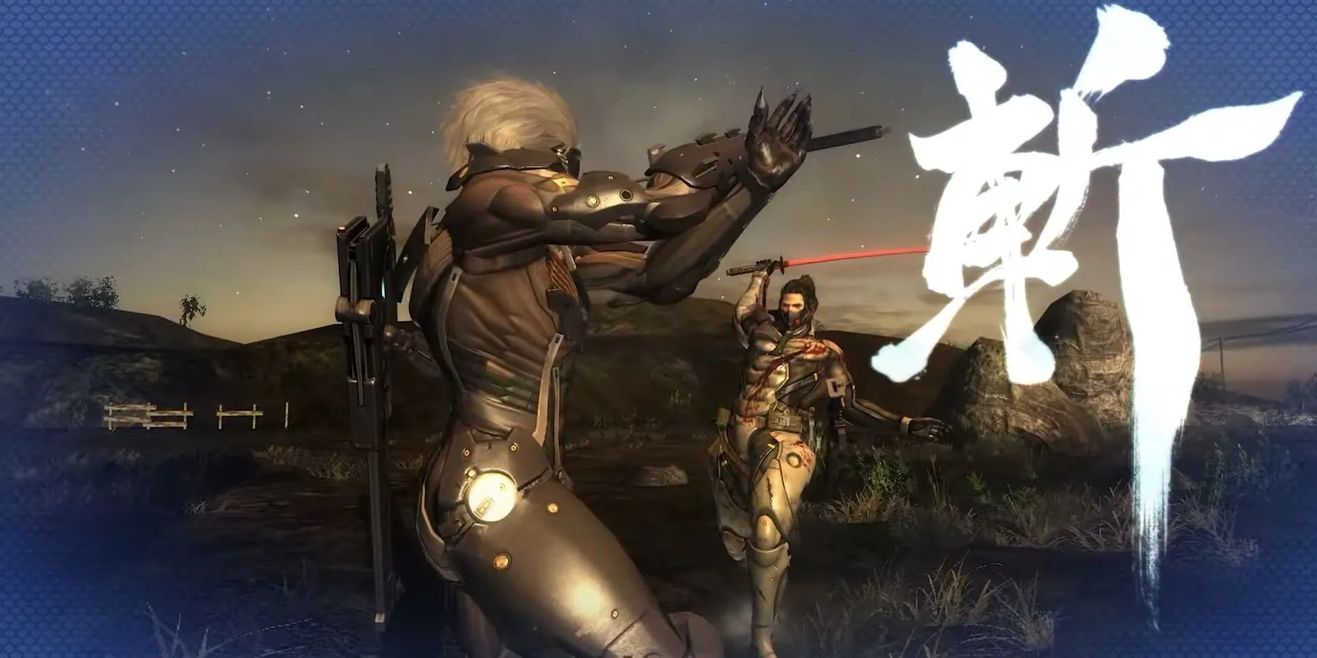 Raiden chuẩn bị sử dụng Blade Mode để chém Sam trong Metal Gear Rising Revengeance, một pha QTE tốc độ cao