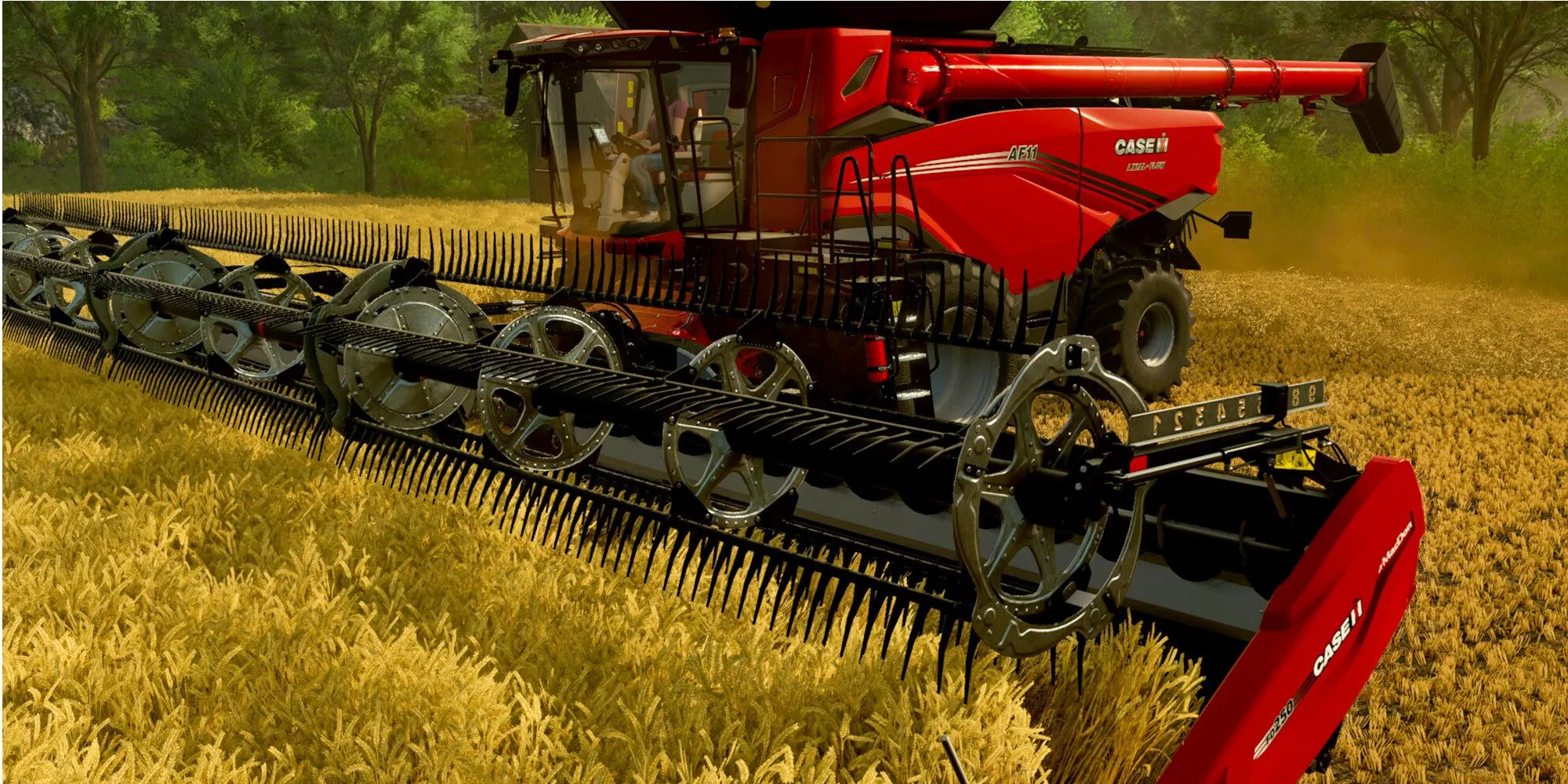 Red tractor harvesting grain in Farming Simulator 25