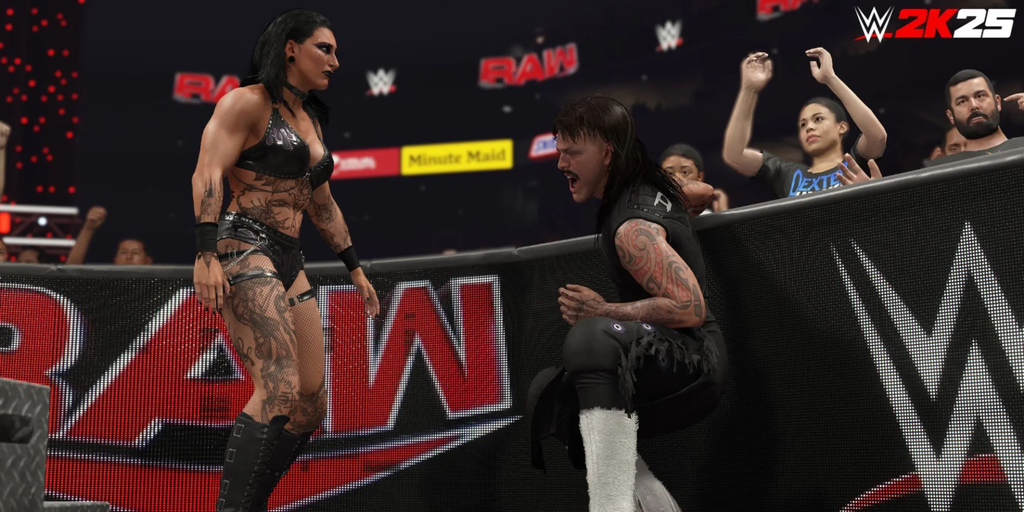 Rhea Ripley và Dominik Mysterio đối đầu trong một trận đấu WWE 2K25, minh họa cho sự đa dạng của các loại hình trận đấu