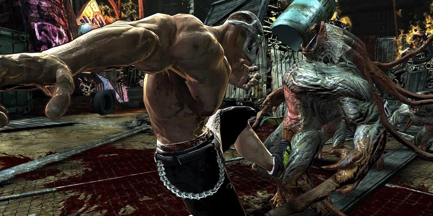 Rick Taylor tung cước hạ gục quái vật trong Splatterhouse 2010