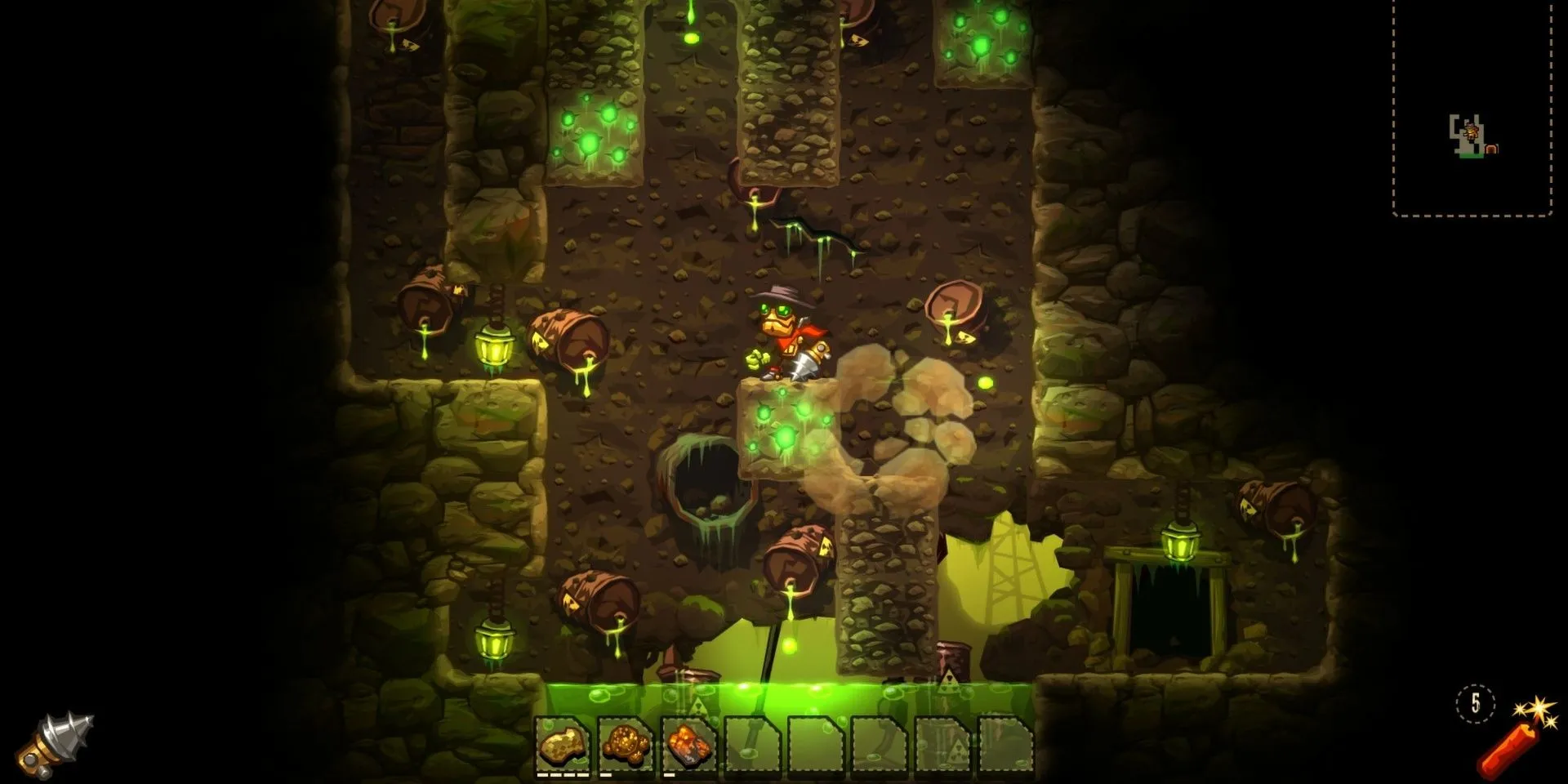 Rusty near an acid pool in SteamWorld Dig