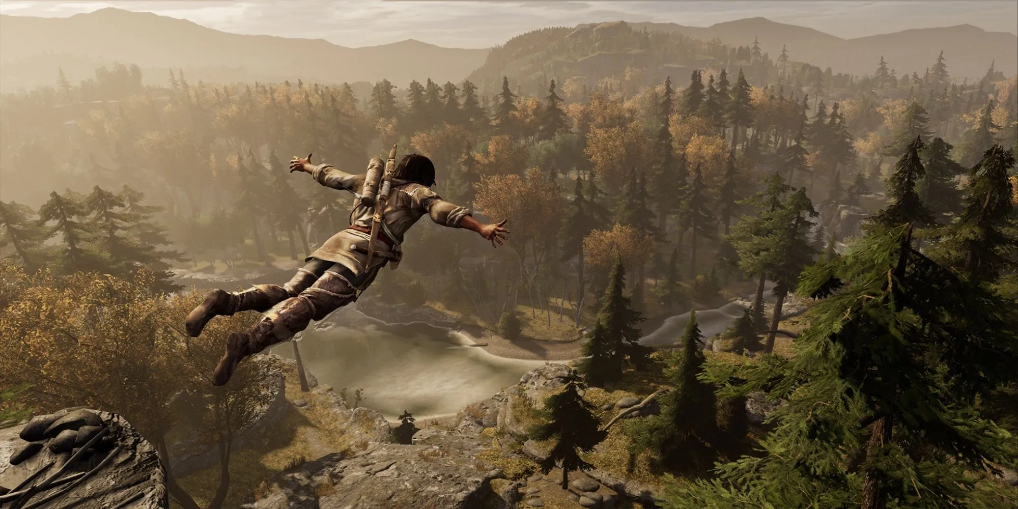 Sát thủ Connor Kenway của Assassin's Creed 3 đang thực hiện một pha ám sát từ trên cành cây cao