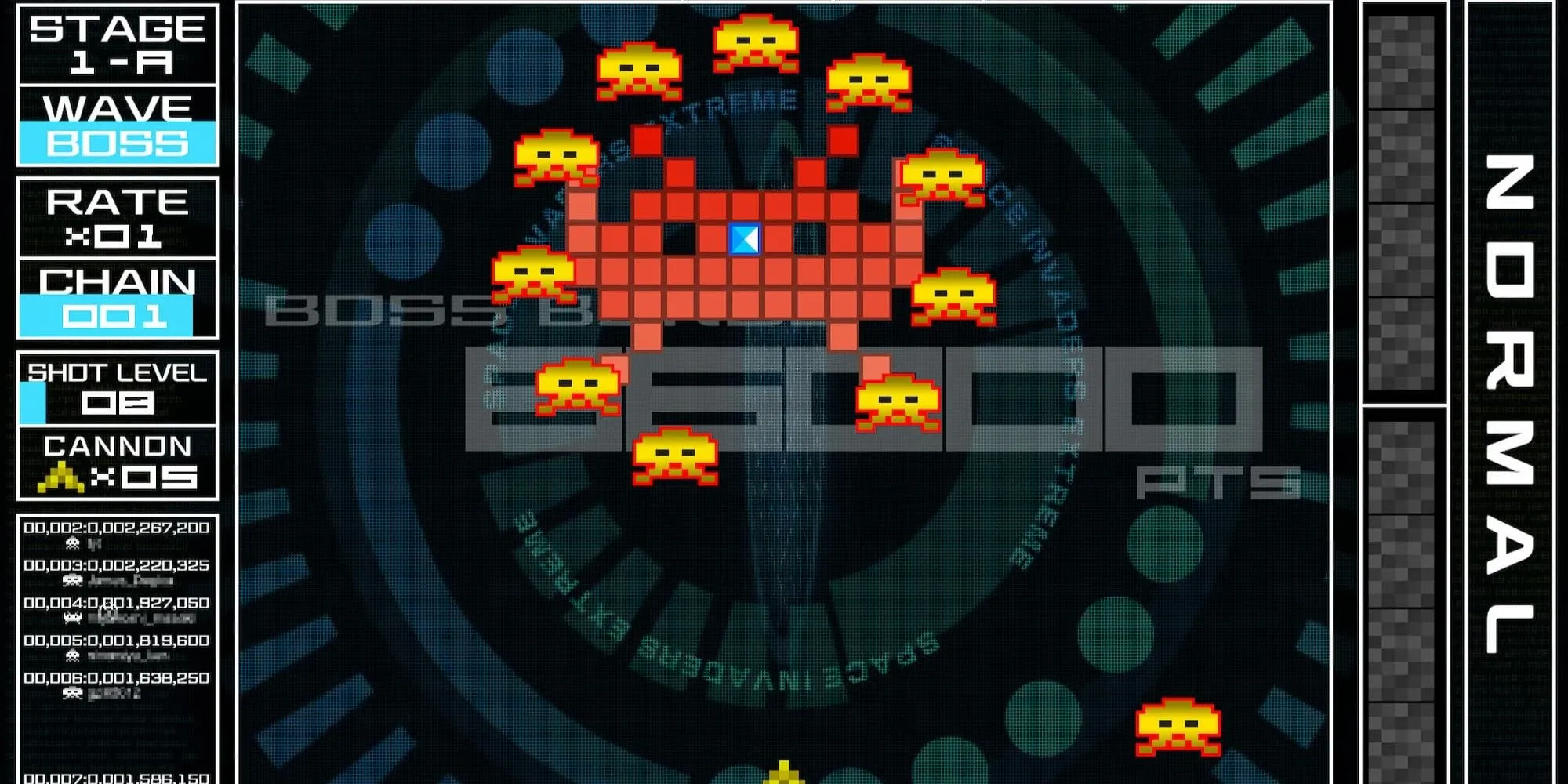 Screenshot gameplay trong Space Invaders Extreme với hiệu ứng neon rực rỡ