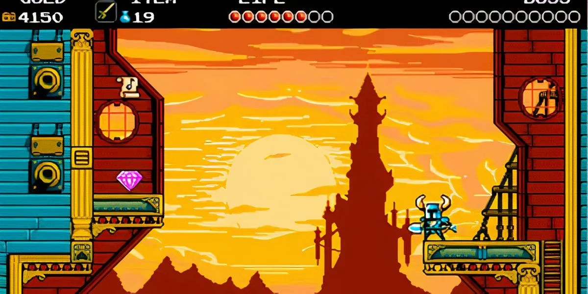 Shovel Knight đứng nhìn về phía lâu đài hắc ám trong game Shovel Knight