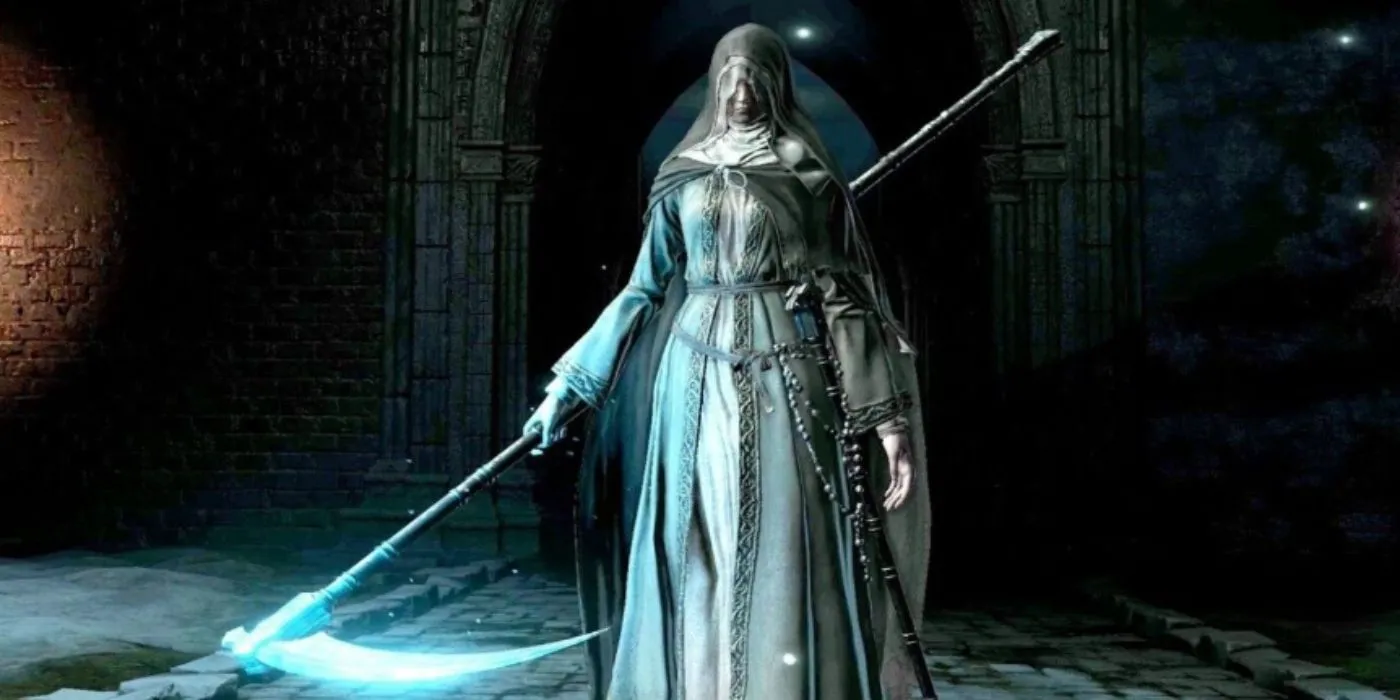Sister Friede cầm cây lưỡi hái Great Scythe trong Dark Souls 3