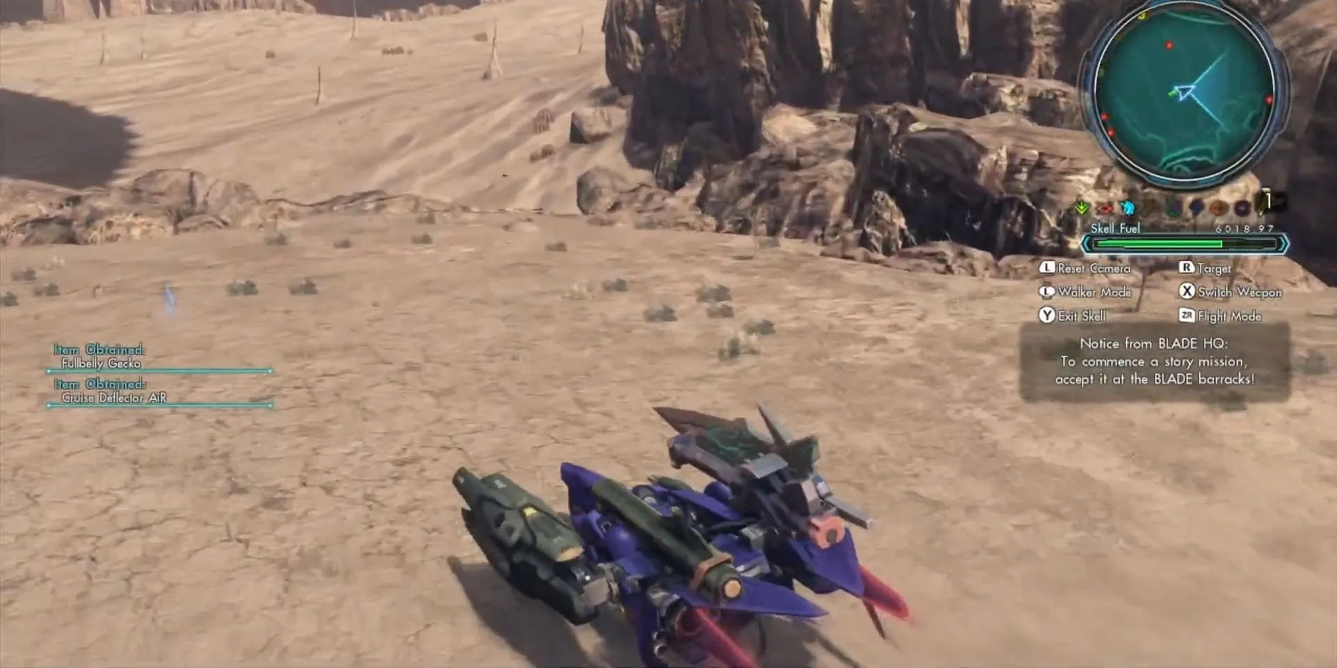 Skell Verus ở dạng phương tiện trong Xenoblade Chronicles X, thể hiện khả năng biến hình ấn tượng