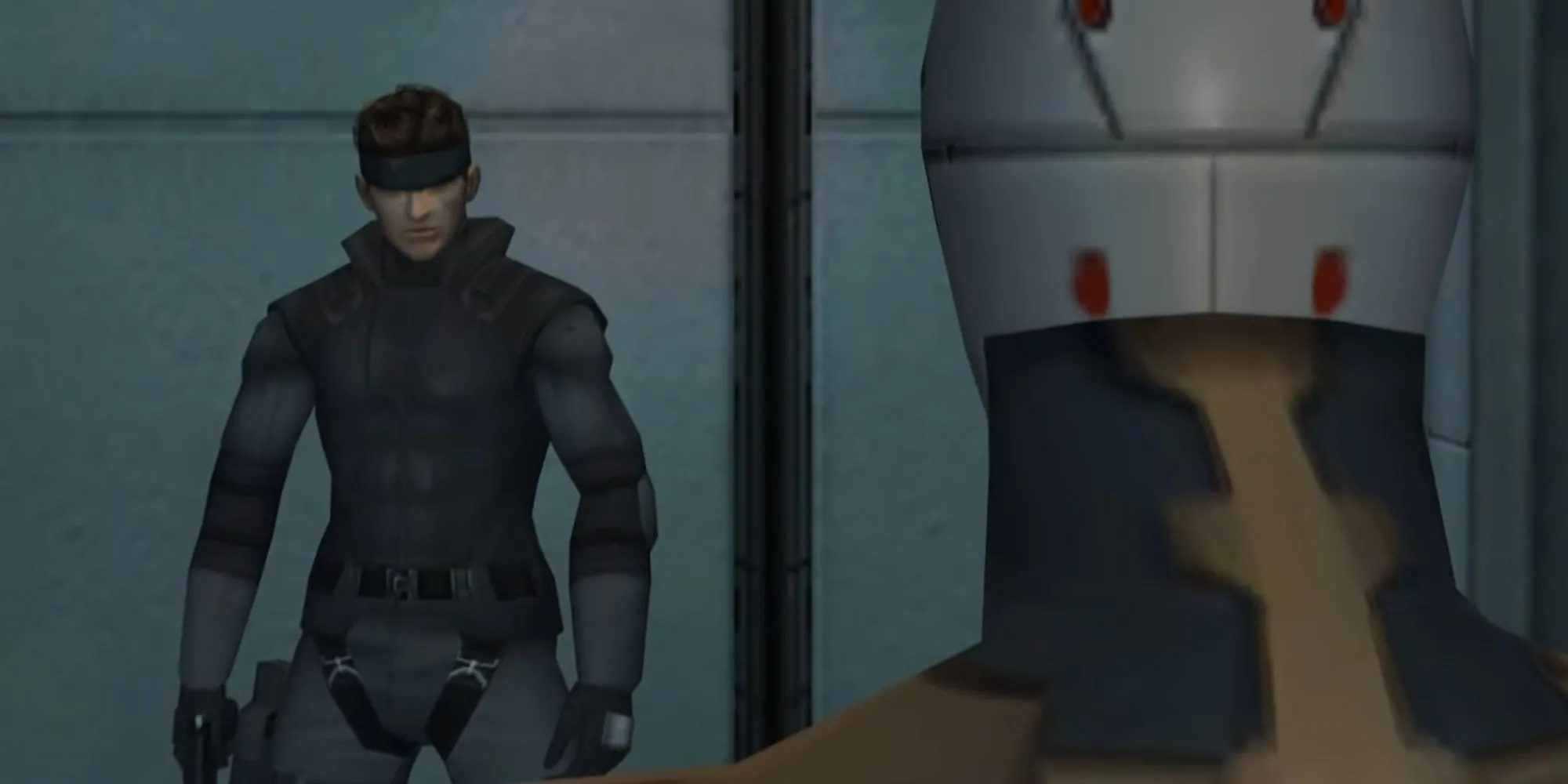 Snake đối mặt với Ninja máy trong cảnh cắt của Metal Gear Solid: The Twin Snakes