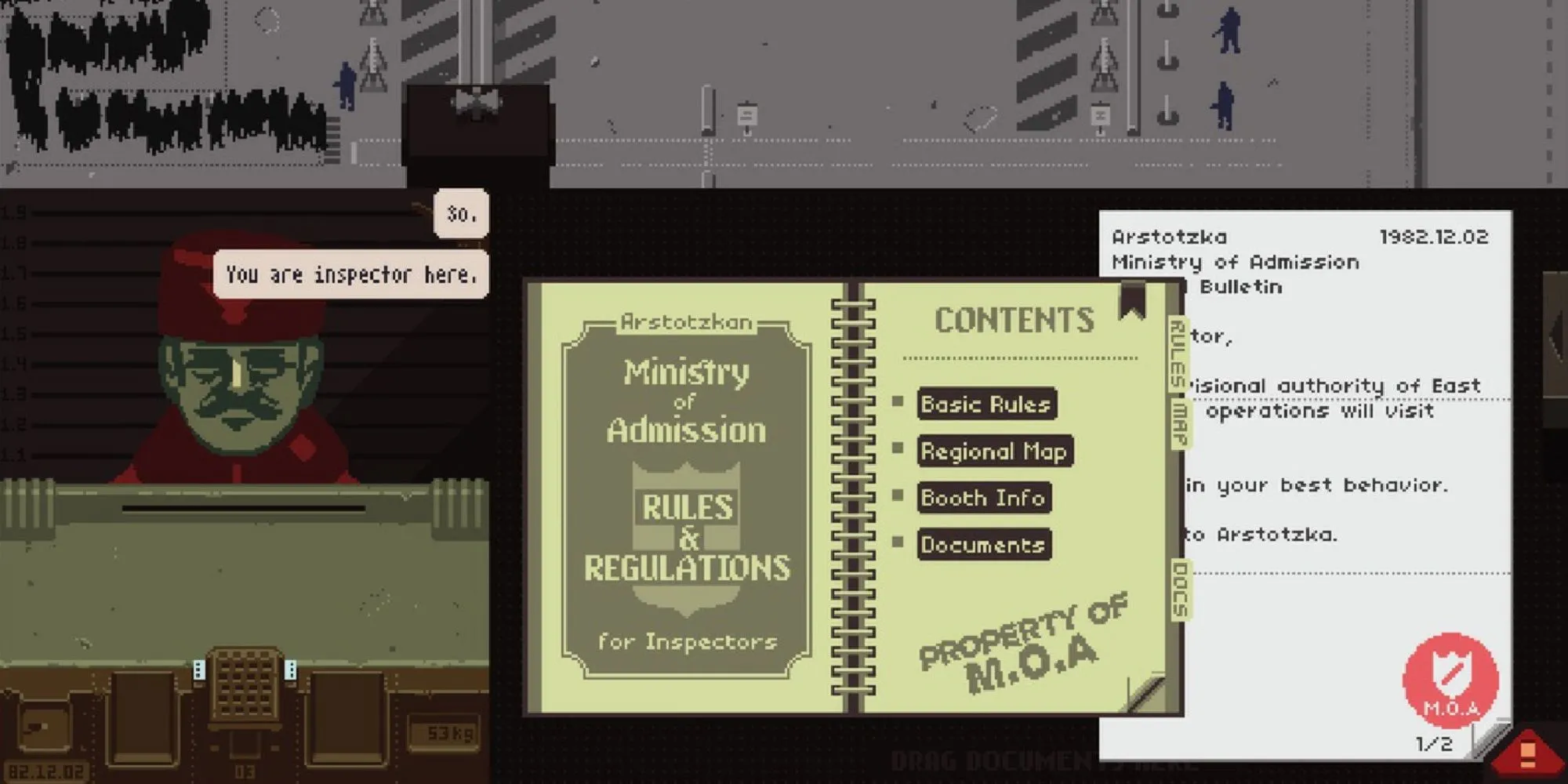Sổ tay quy định của Bộ Tiếp Nhận trong game Papers, Please thể hiện sự phức tạp của công việc