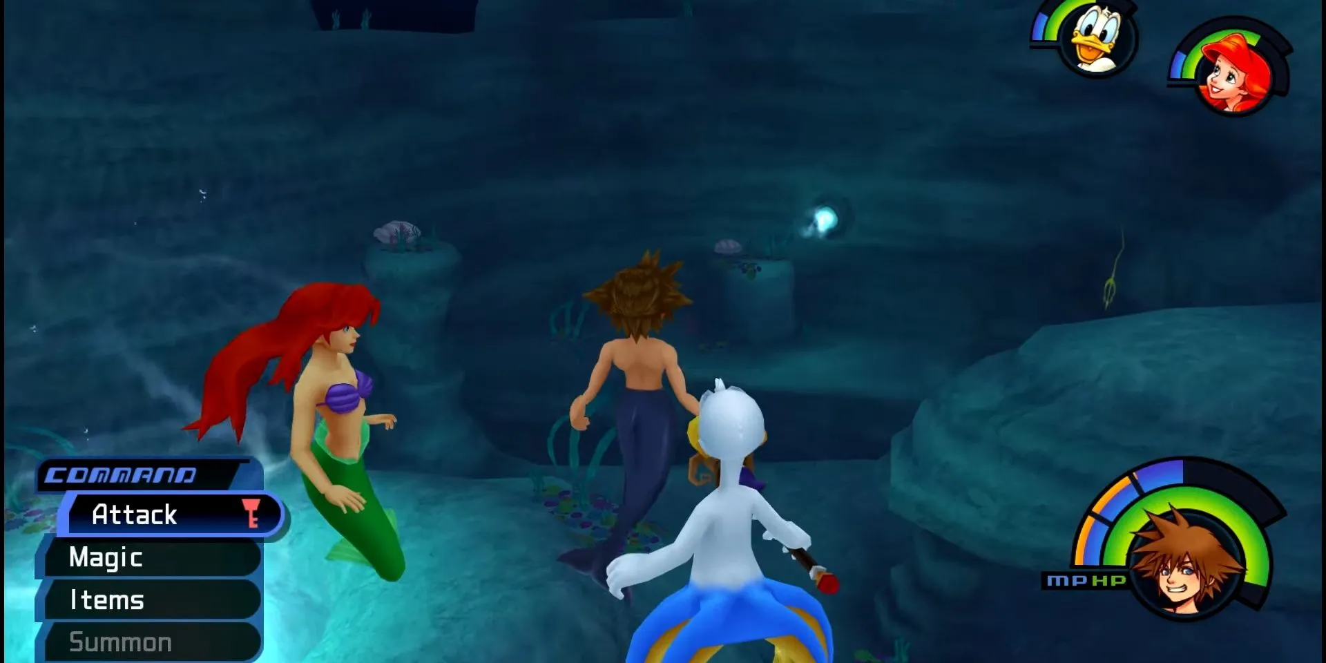 Sora, Donald và Ariel tại Atlantica trong Kingdom Hearts