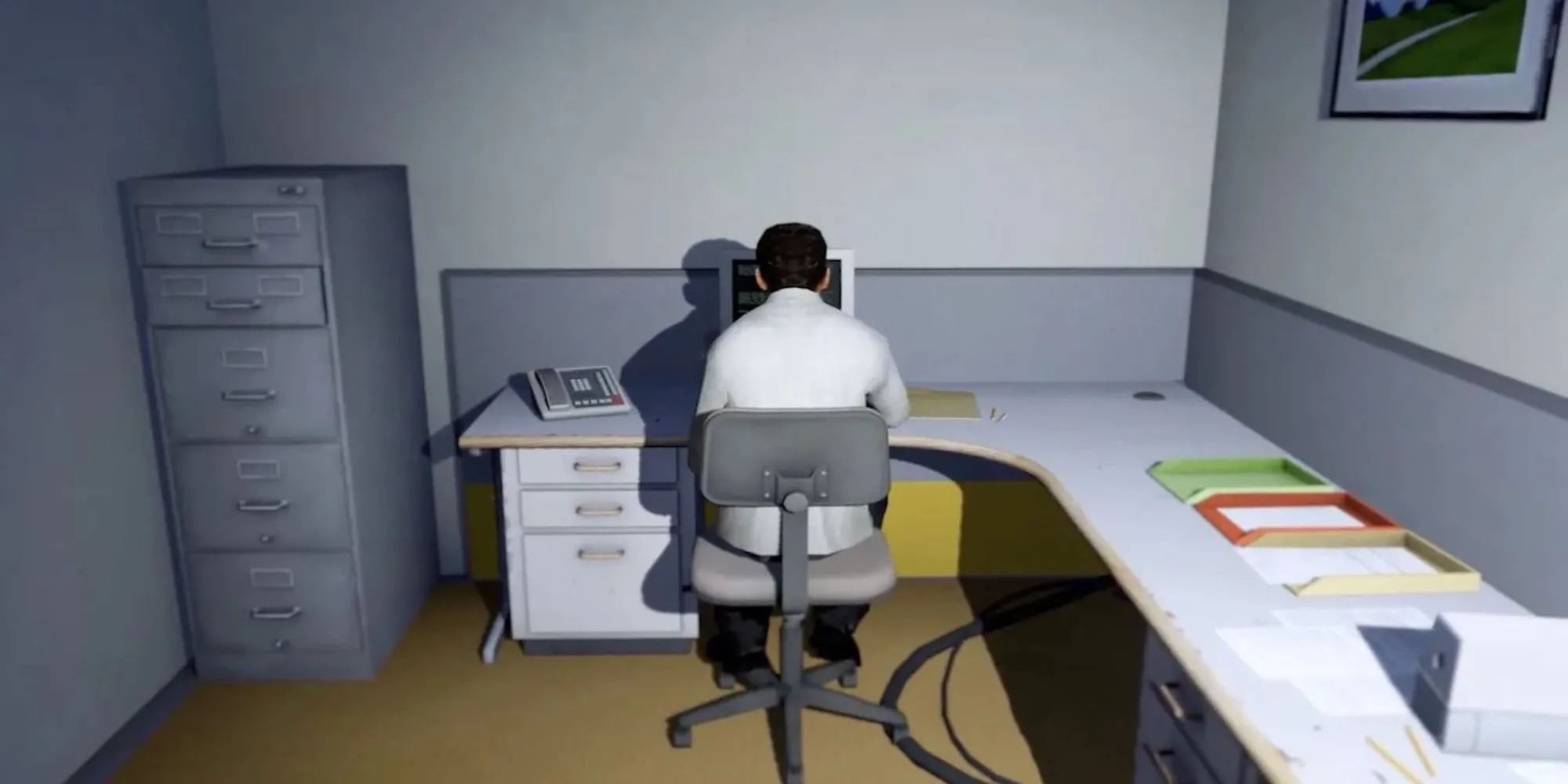 Stanley ngồi tại bàn làm việc trong The Stanley Parable, khởi đầu cho những lựa chọn phi tuyến tính