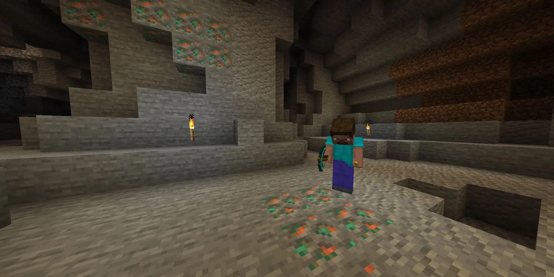 Steve đang khai thác quặng Đồng (Copper) trong một hang động Minecraft