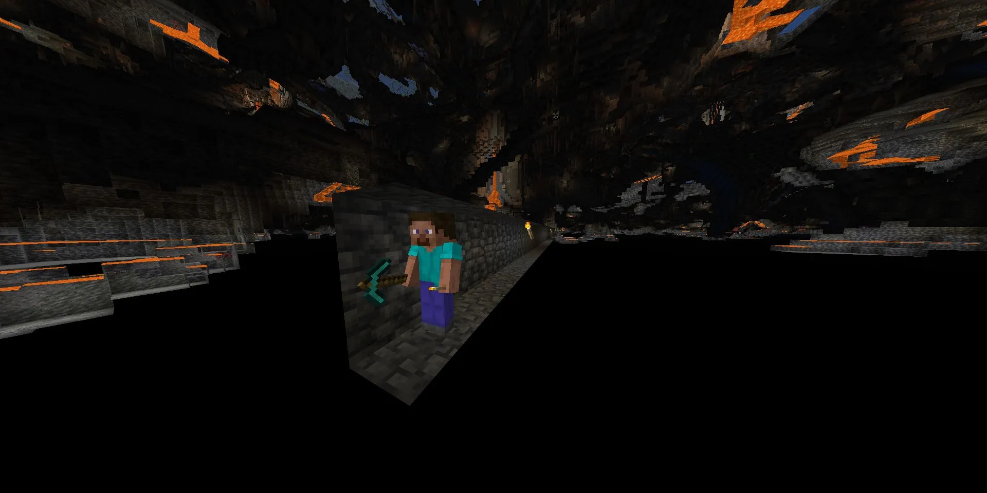 Steve đang miệt mài đào đường hầm (strip mining) xuyên qua lớp Đá Phiến Sâu cứng rắn trong Minecraft