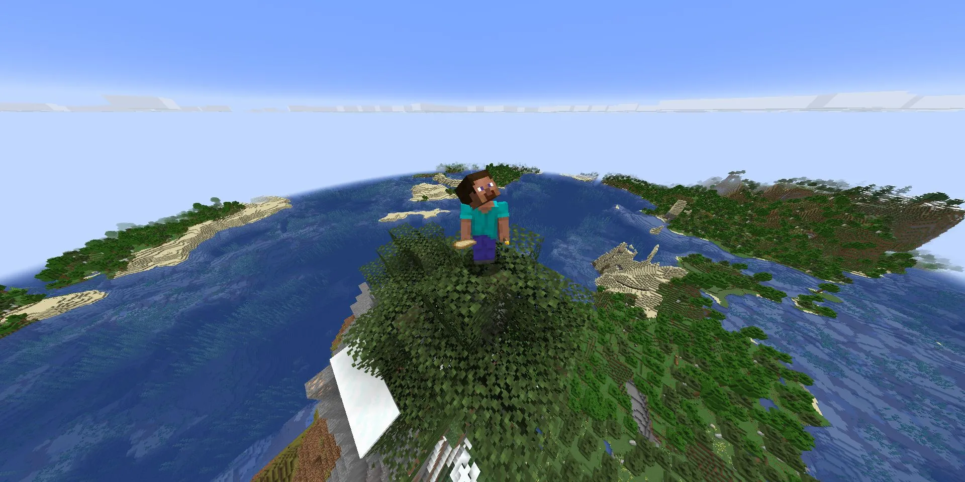 Steve đứng trên cây nhìn xuống từ đỉnh núi cao trong thế giới Minecraft mới