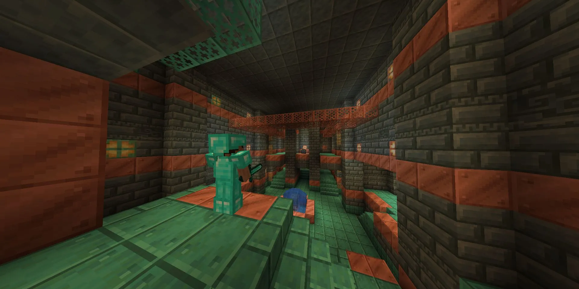 Steve trang bị Giáp Kim Cương đầy đủ khám phá Trial Chamber mới trong Minecraft