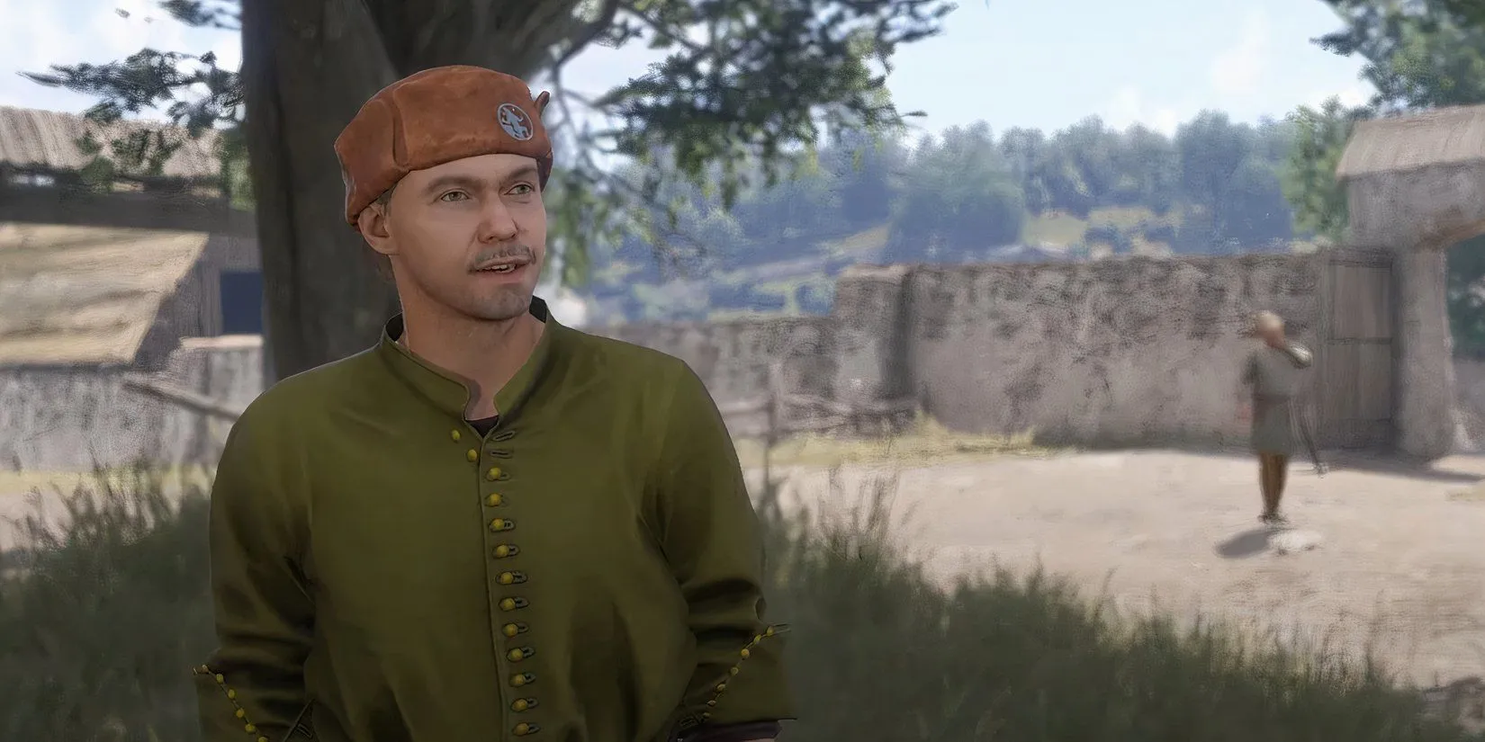 Strnad, một kẻ hung hãn, gây sự với Henry ở sân sau quán Hole in the Wall trong Kingdom Come Deliverance 2