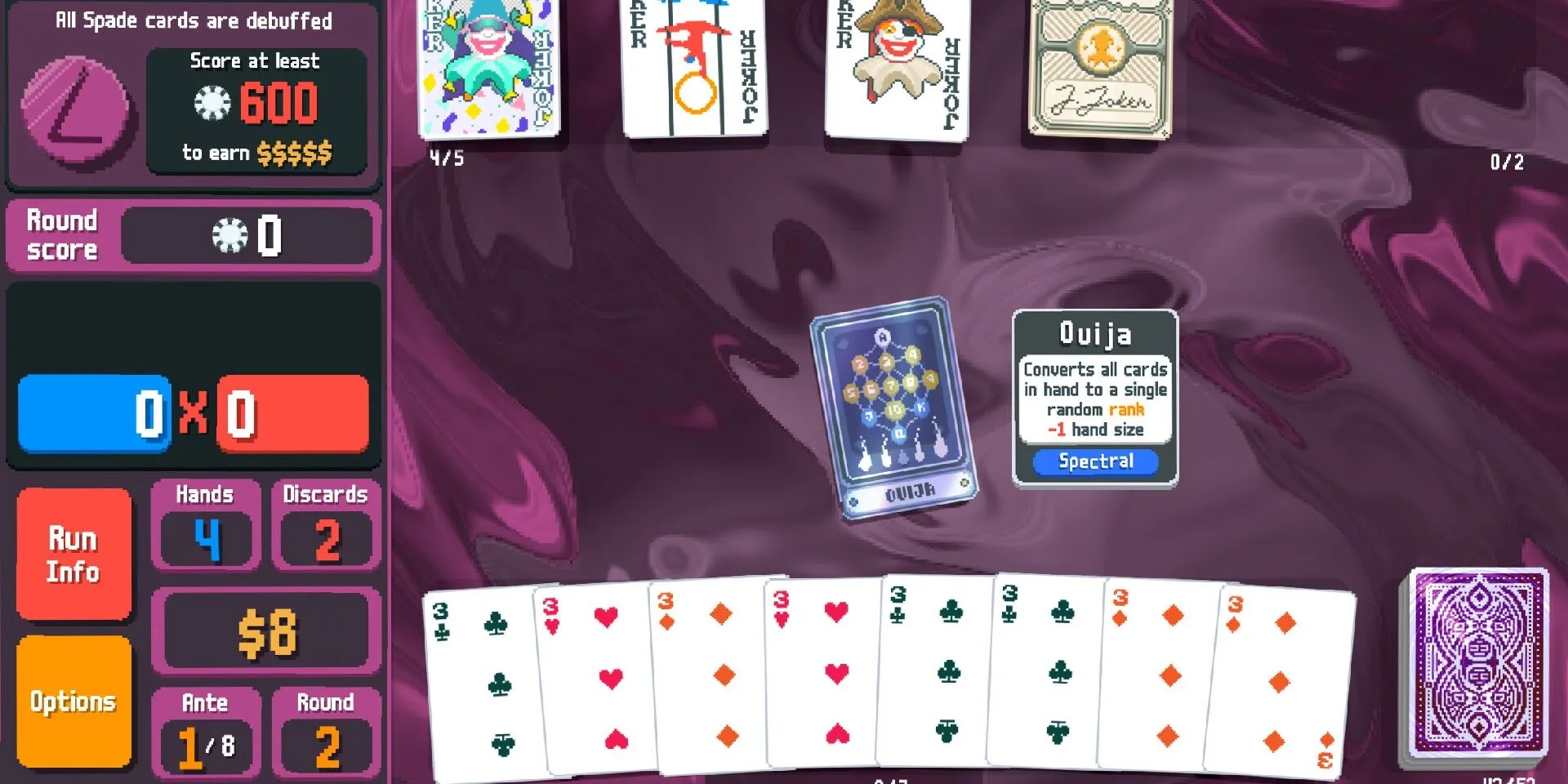 Sử dụng lá bài Ouija trong game Balatro, một game xây dựng bộ bài thẻ bài chiến thuật.