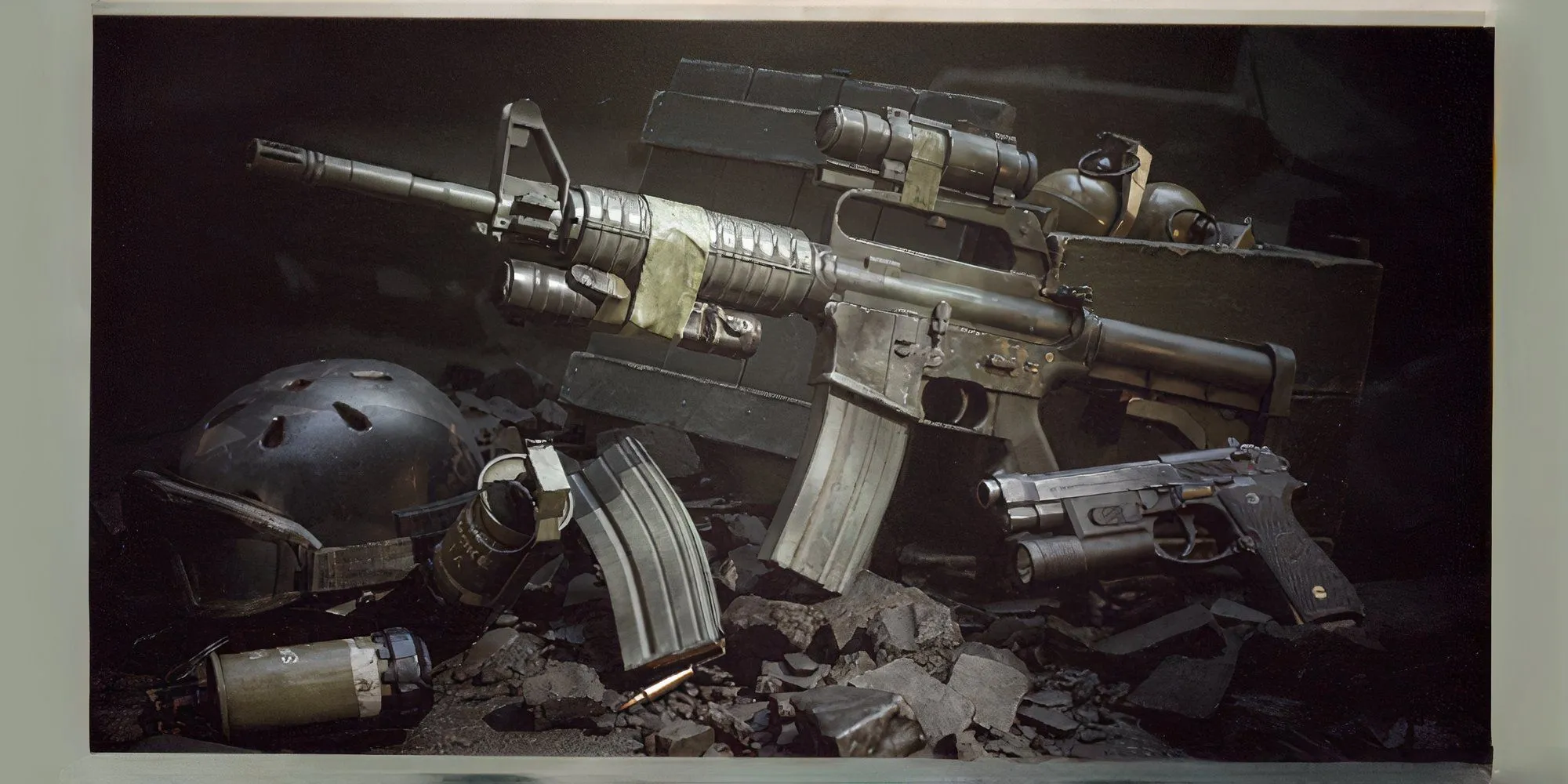 Súng trường carbine Colt 723 (CAR-15) với ống ngắm red dot và màu sơn bạc trong Delta Force Black Hawk Down