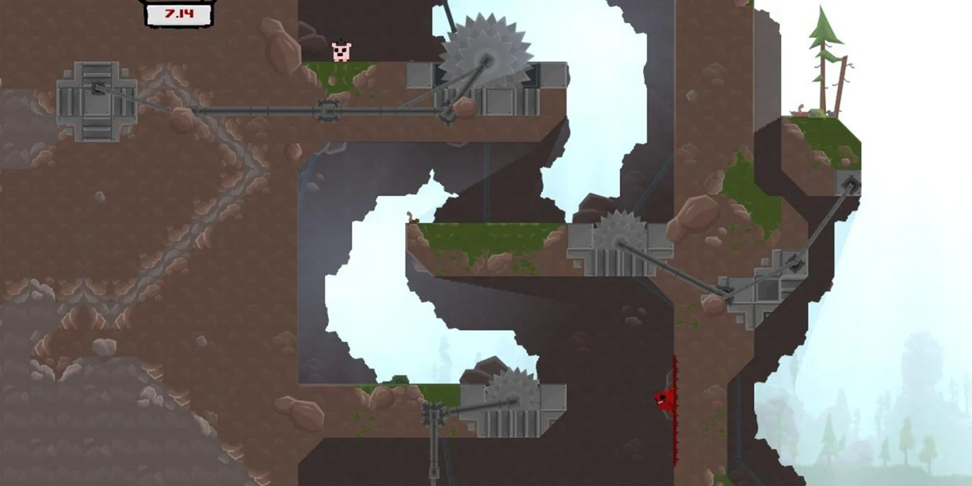 Super Meat Boy thực hiện pha platform khó nhằn để cứu Bandage Girl