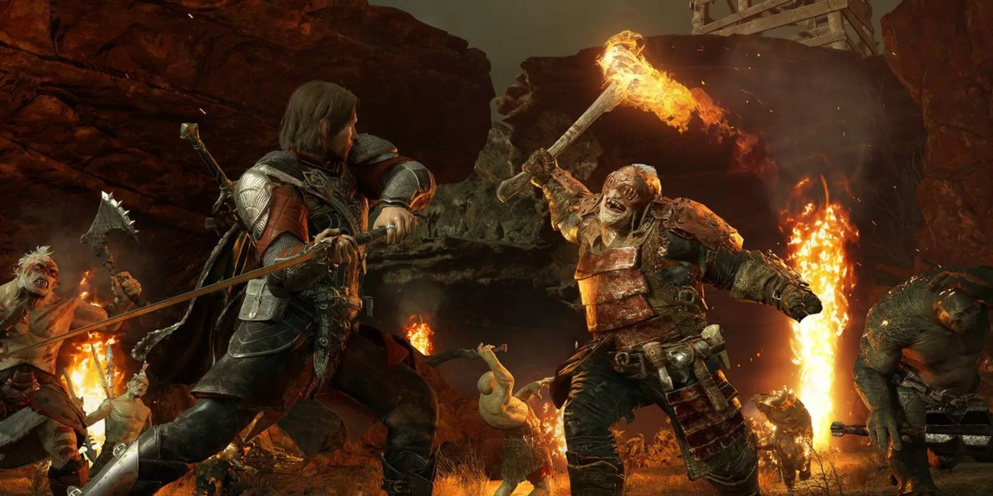 Talion cùng Celebrimbor đứng trên một vách đá, nhìn xuống pháo đài Orc trong thế giới Middle-earth: Shadow of War đầy rẫy hiểm nguy
