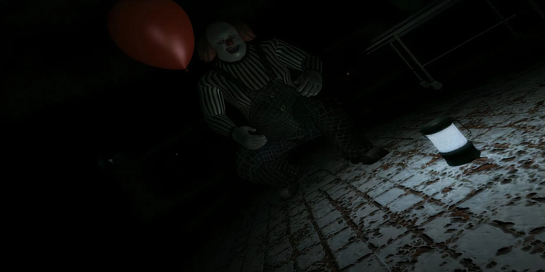 Tên hề đáng sợ cầm bóng bay đỏ trong một cảnh game Fear of Clowns gây ám ảnh