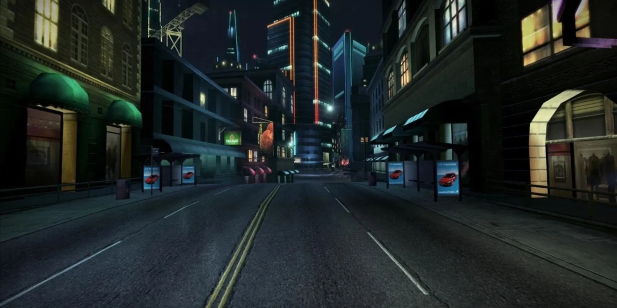 Thành phố Palmont về đêm trong Need for Speed Carbon với những tòa nhà chọc trời và ánh đèn đường lung linh