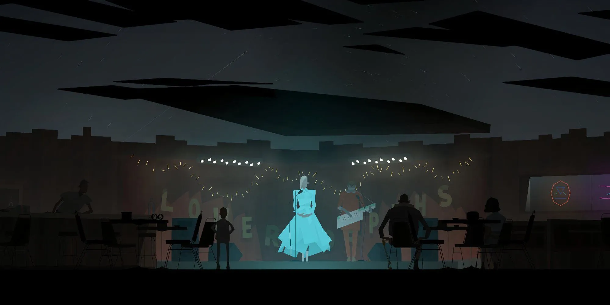 Thế giới mở Kentucky Route Zero với người phụ nữ đang hát trên sân khấu cùng khán giả