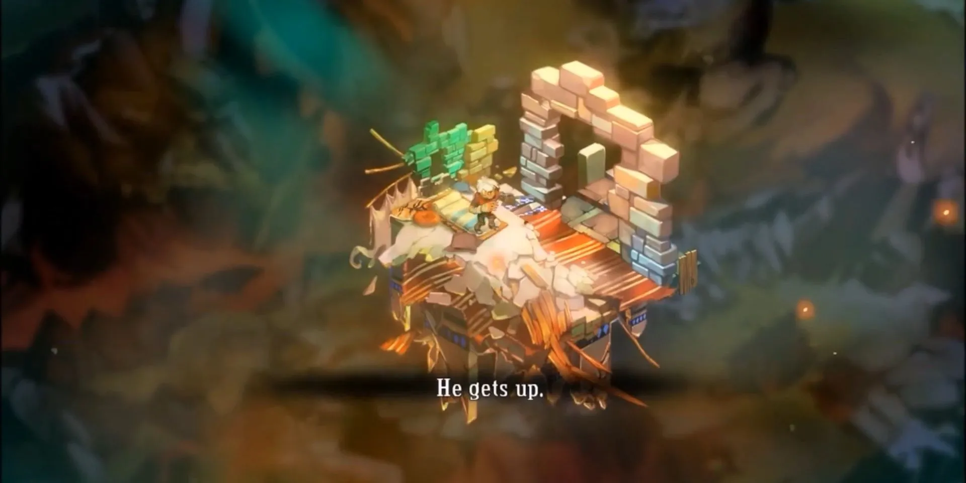 The Kid thức dậy giữa đống đổ nát của Caelondia sau Đại Họa trong game Bastion