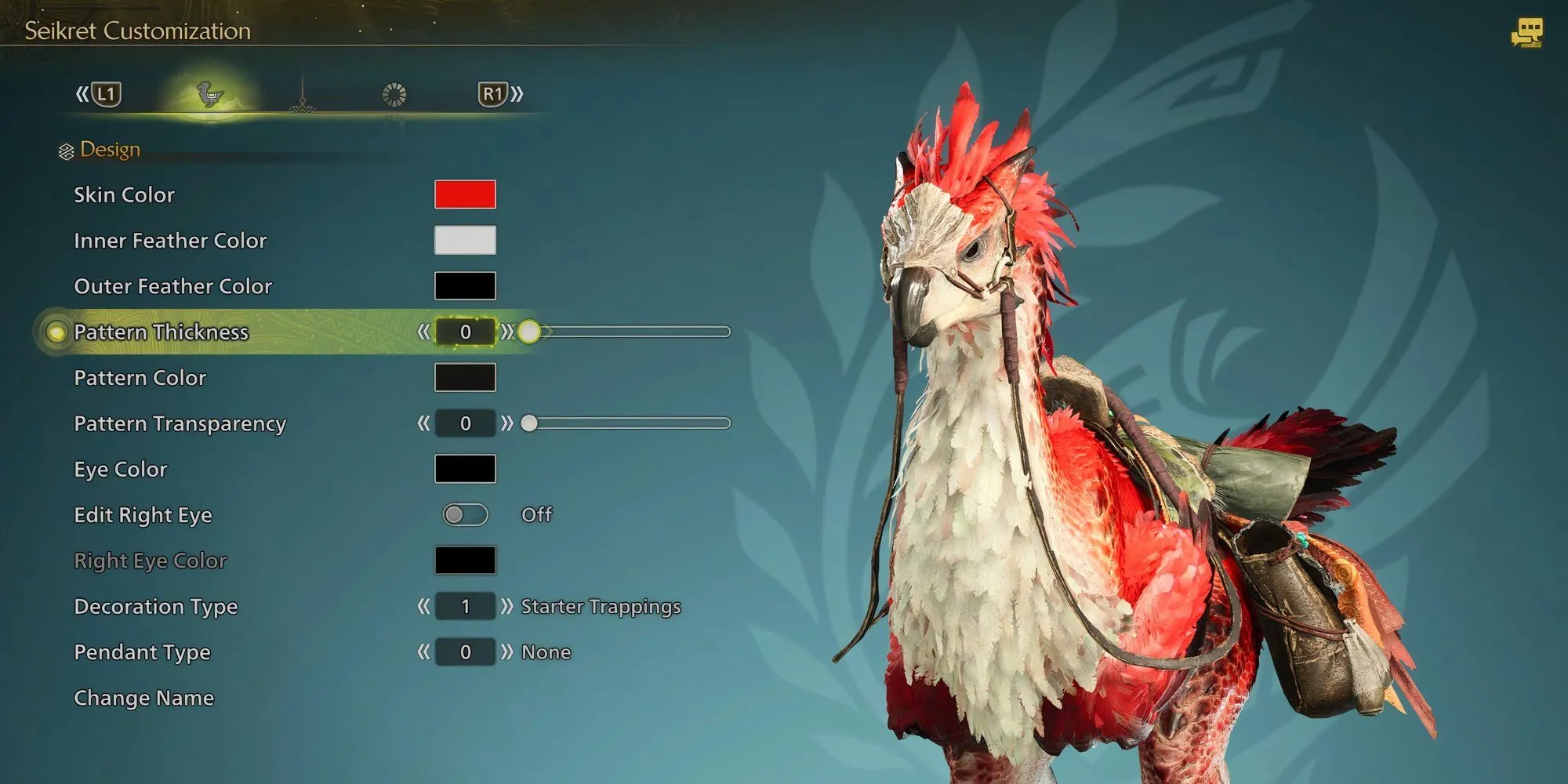 Thẻ Thiết kế (Design) trong menu tùy chỉnh Seikret của Monster Hunter Wilds với nhiều lựa chọn.