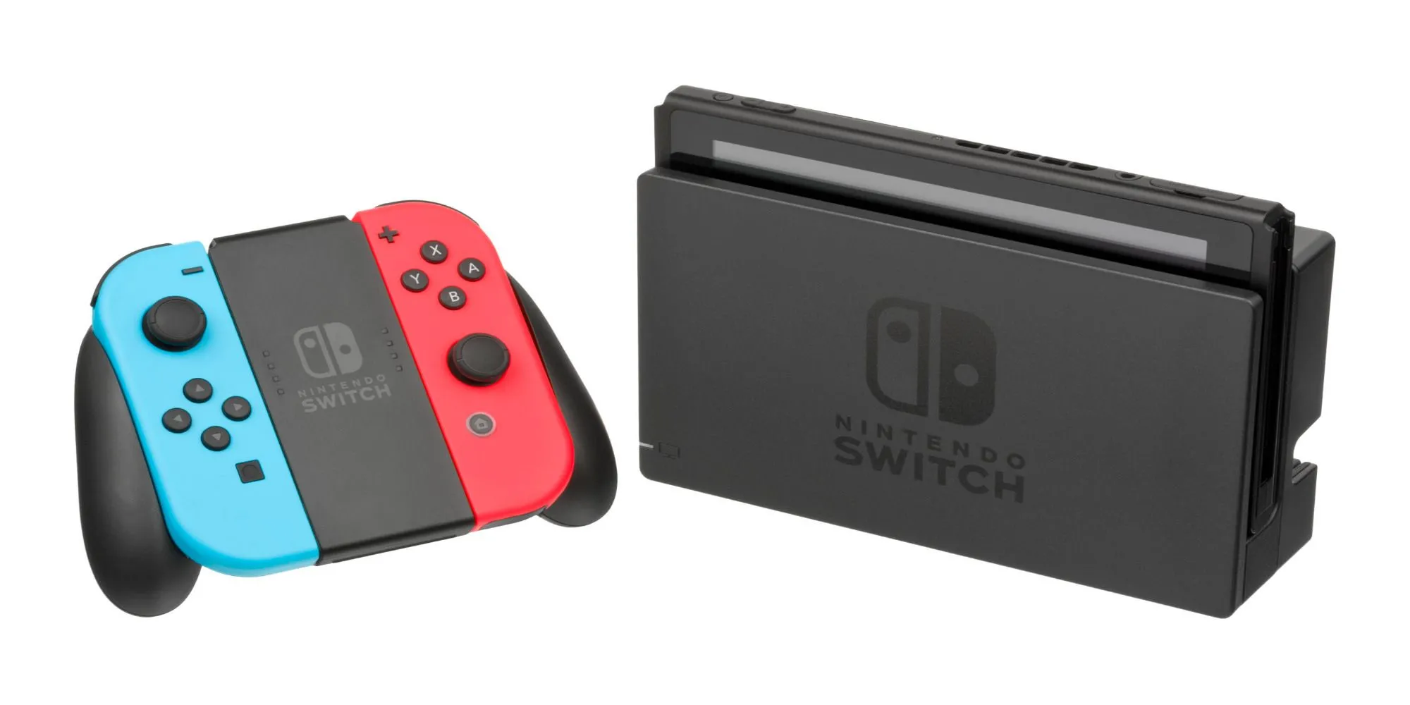 Thiết kế máy chơi game Nintendo Switch docked với tay cầm Joy-Con màu đỏ xanh dương