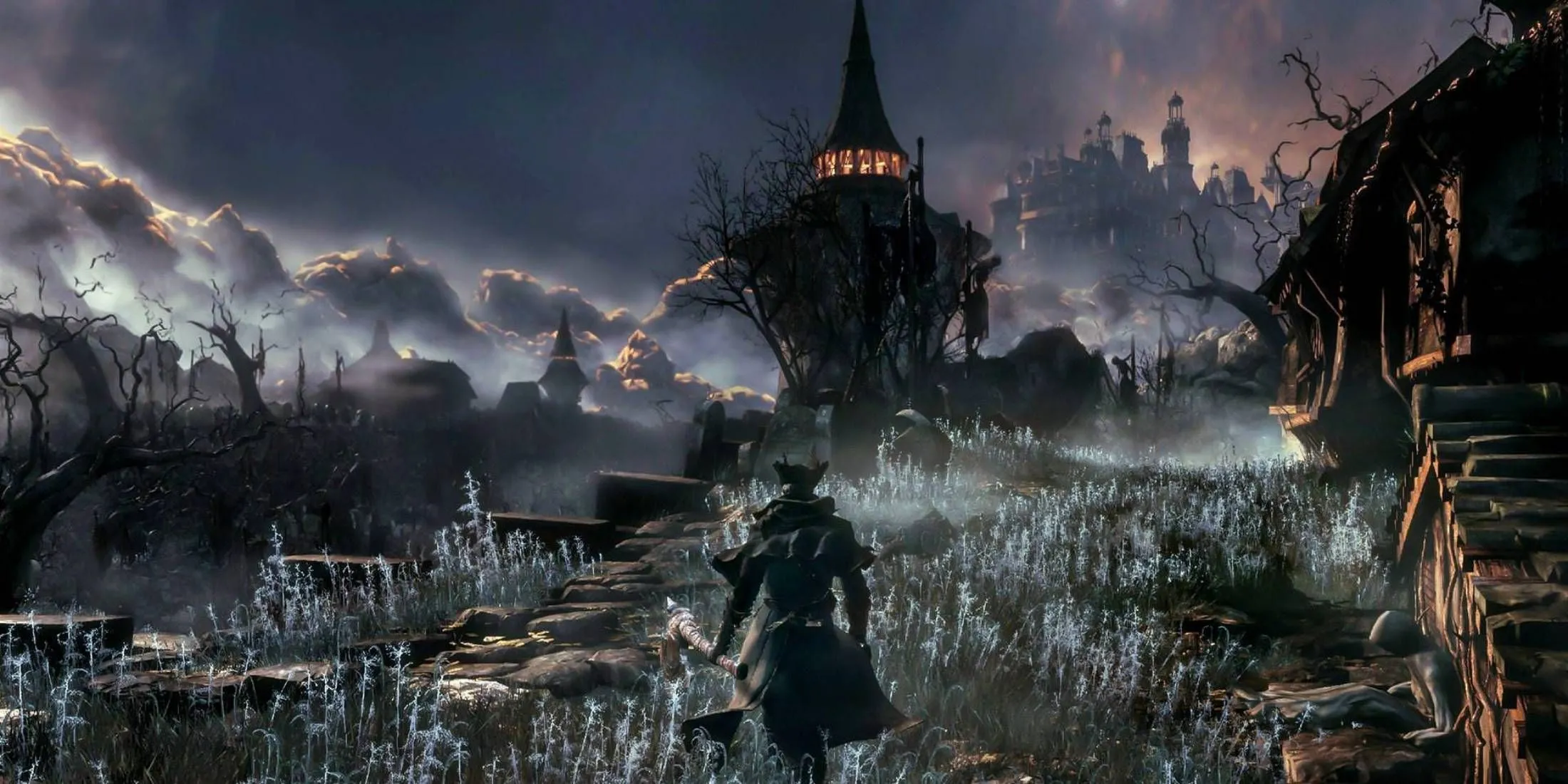 Thợ săn Bloodborne với vũ khí và khiên trong một khung cảnh tăm tối và đầy chi tiết