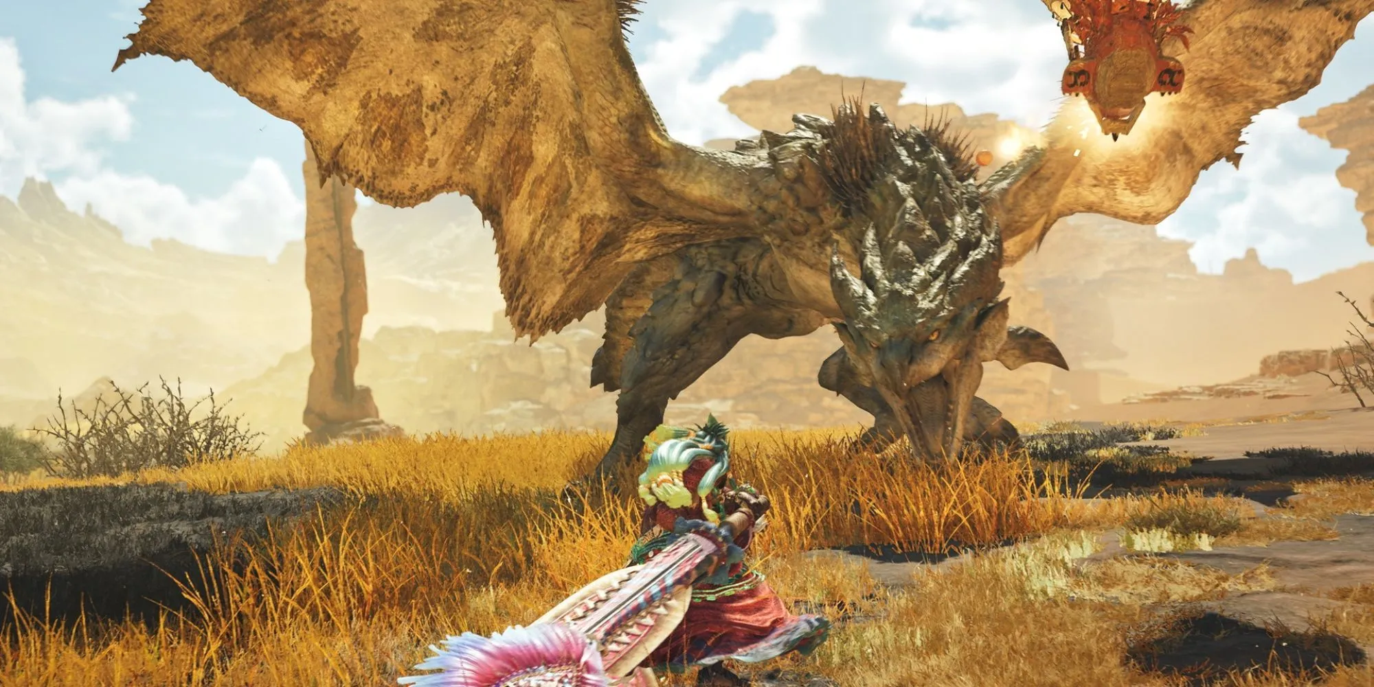 Thợ săn chiến đấu với quái vật Rathian trong Monster Hunter Wilds