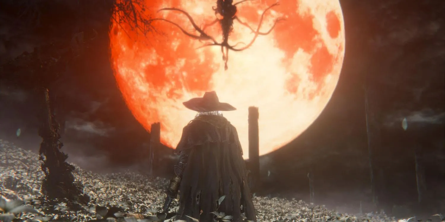 Thợ săn đối mặt quái vật trong Bloodborne, tựa game Souls-like với cốt truyện ẩn sâu và đầy bí ẩn.