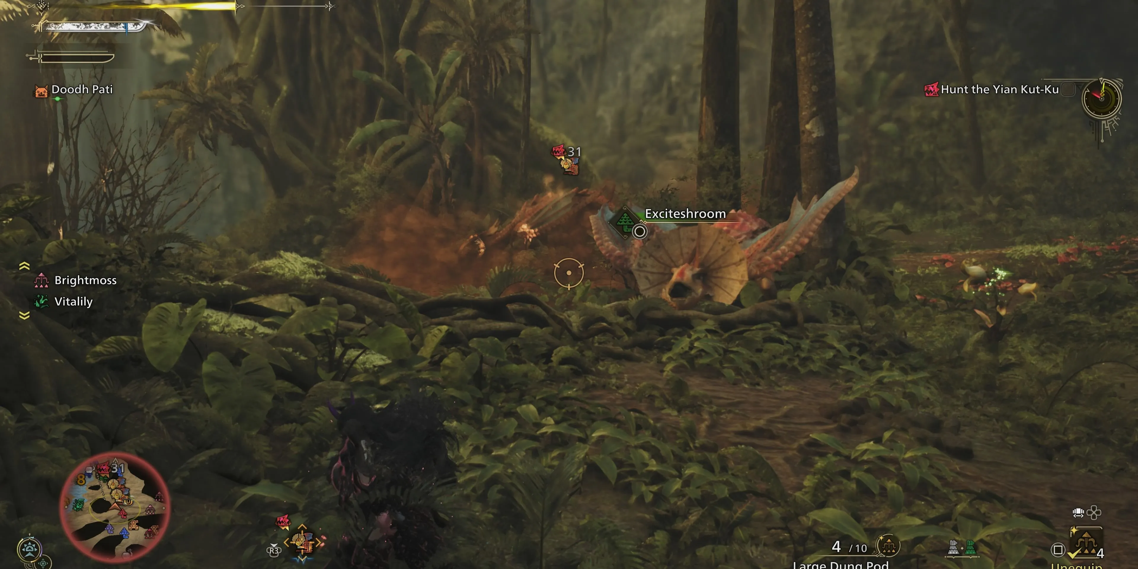 Thợ săn sử dụng Large Dung Pod lên một con Yian Kut-Ku trong Monster Hunter Wilds.