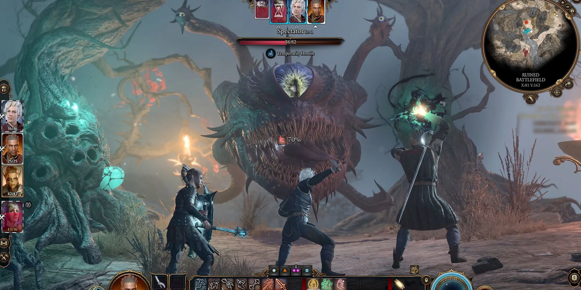 Tổ đội anh hùng trong Baldur's Gate 3 đang tham gia một trận chiến theo lượt đầy chiến thuật và phép thuật huyền ảo.
