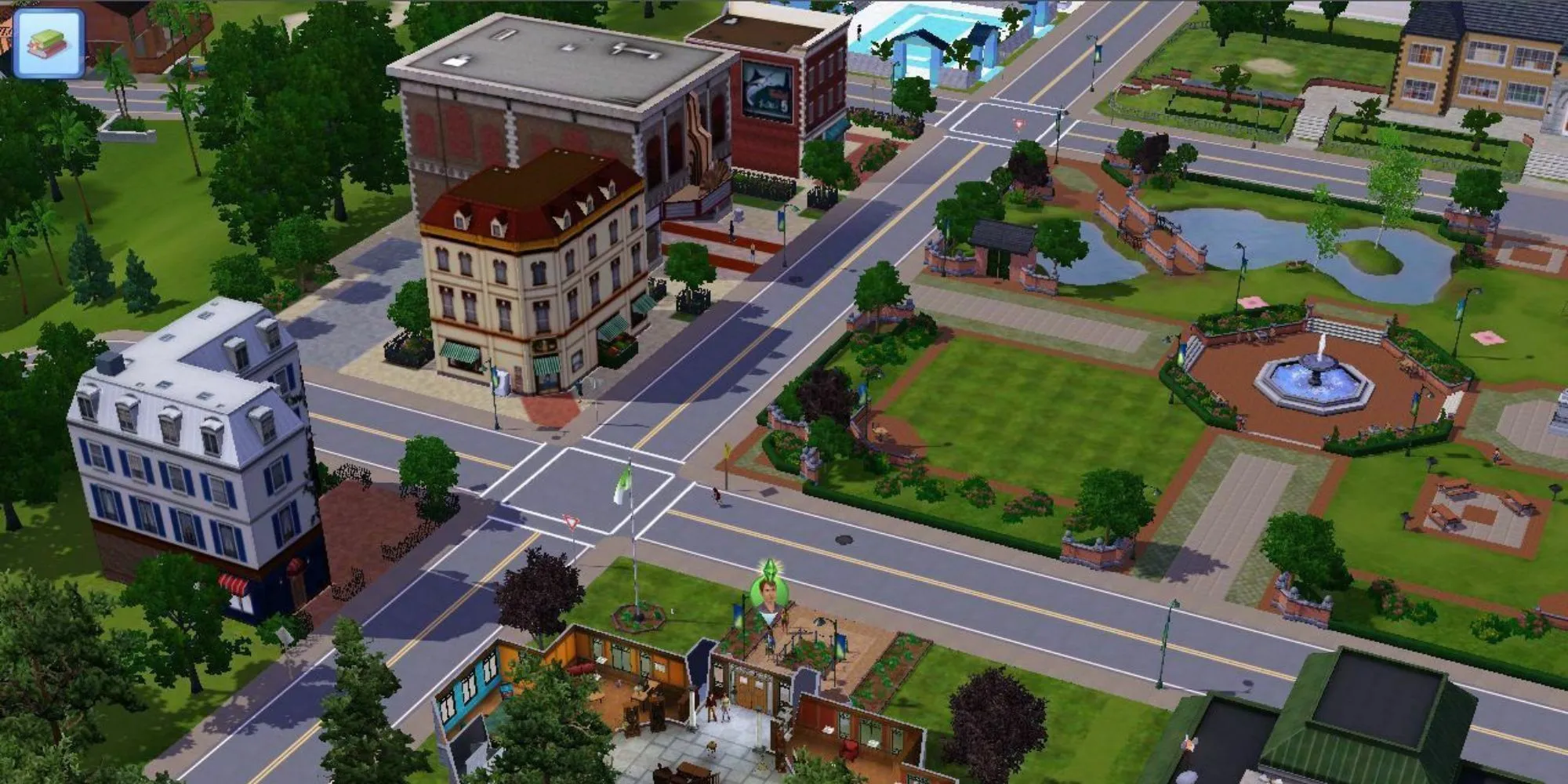 Toàn cảnh một thị trấn trong The Sims 3 với nhân vật Sim của người chơi được làm nổi bật ở gần giữa phía dưới. Có nhiều tòa nhà, công viên, đài phun nước, cây cầu bắc qua ao và rất nhiều con đường.