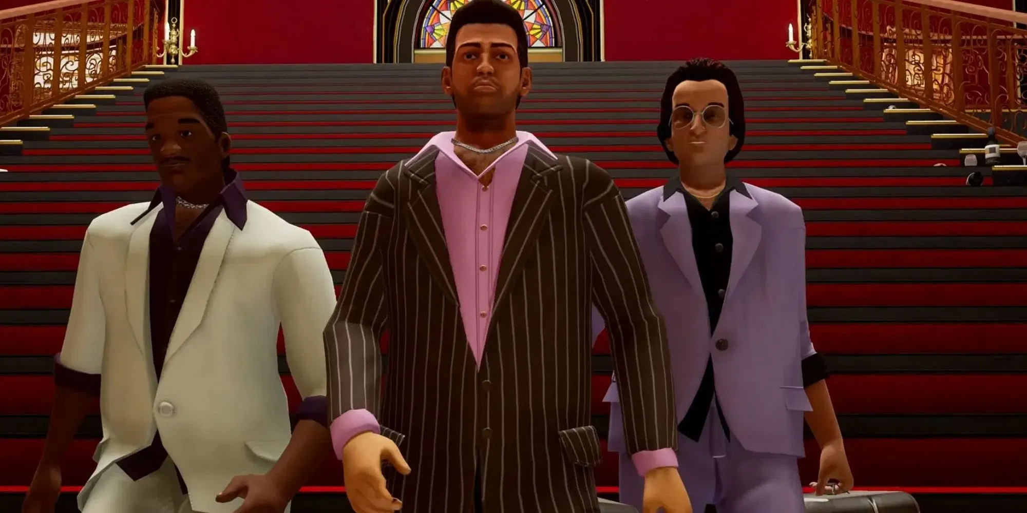 Tommy Vercetti đứng giữa dinh thự trong cuộc đấu súng cuối cùng - nhiệm vụ Keep Your Friends Close GTA Vice City