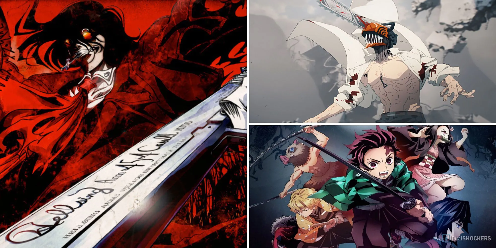 Tổng hợp nhân vật anime Alucard, Denji và Tanjiro từ các series tương tự Castlevania, thể hiện sức hút của thể loại.