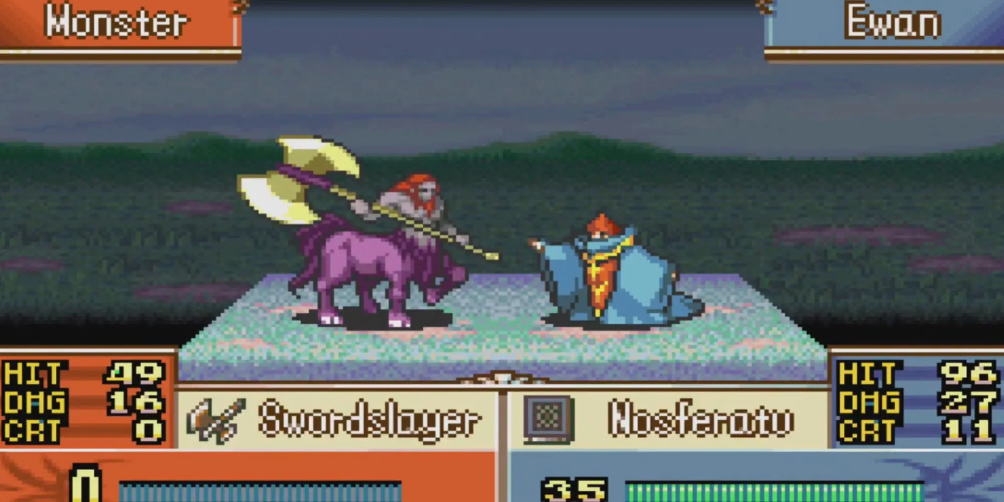 Trận chiến chiến thuật theo lượt trên bản đồ lưới của Fire Emblem The Sacred Stones GBA, thể hiện rõ yếu tố chiến thuật và hệ thống vũ khí.