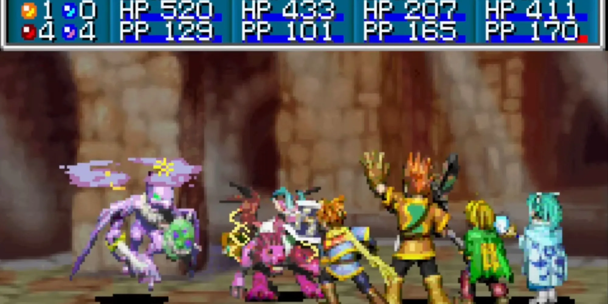Trận chiến hoành tráng trong Golden Sun GBA, phô diễn đồ họa ấn tượng và hệ thống Djinn đặc sắc.