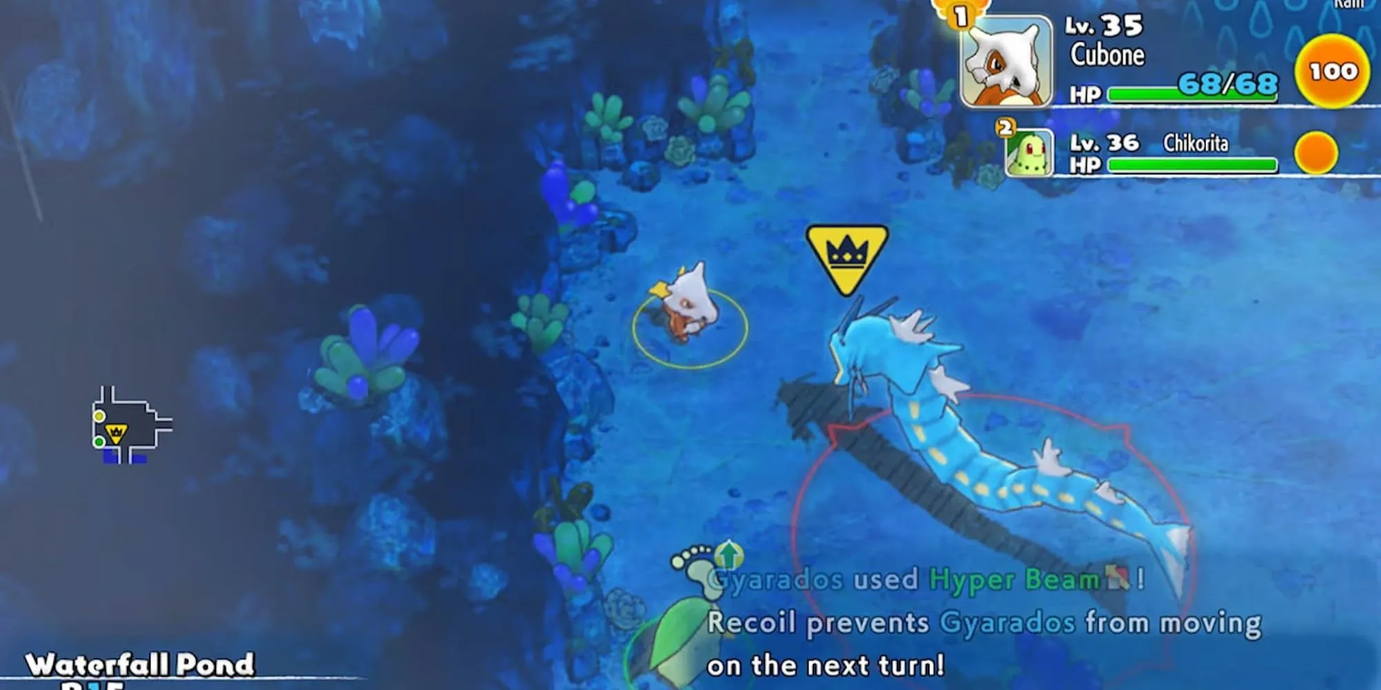 Trận chiến với Gyarados trong game Pokémon Mystery Dungeon: Rescue Team DX với đồ họa hoạt hình.