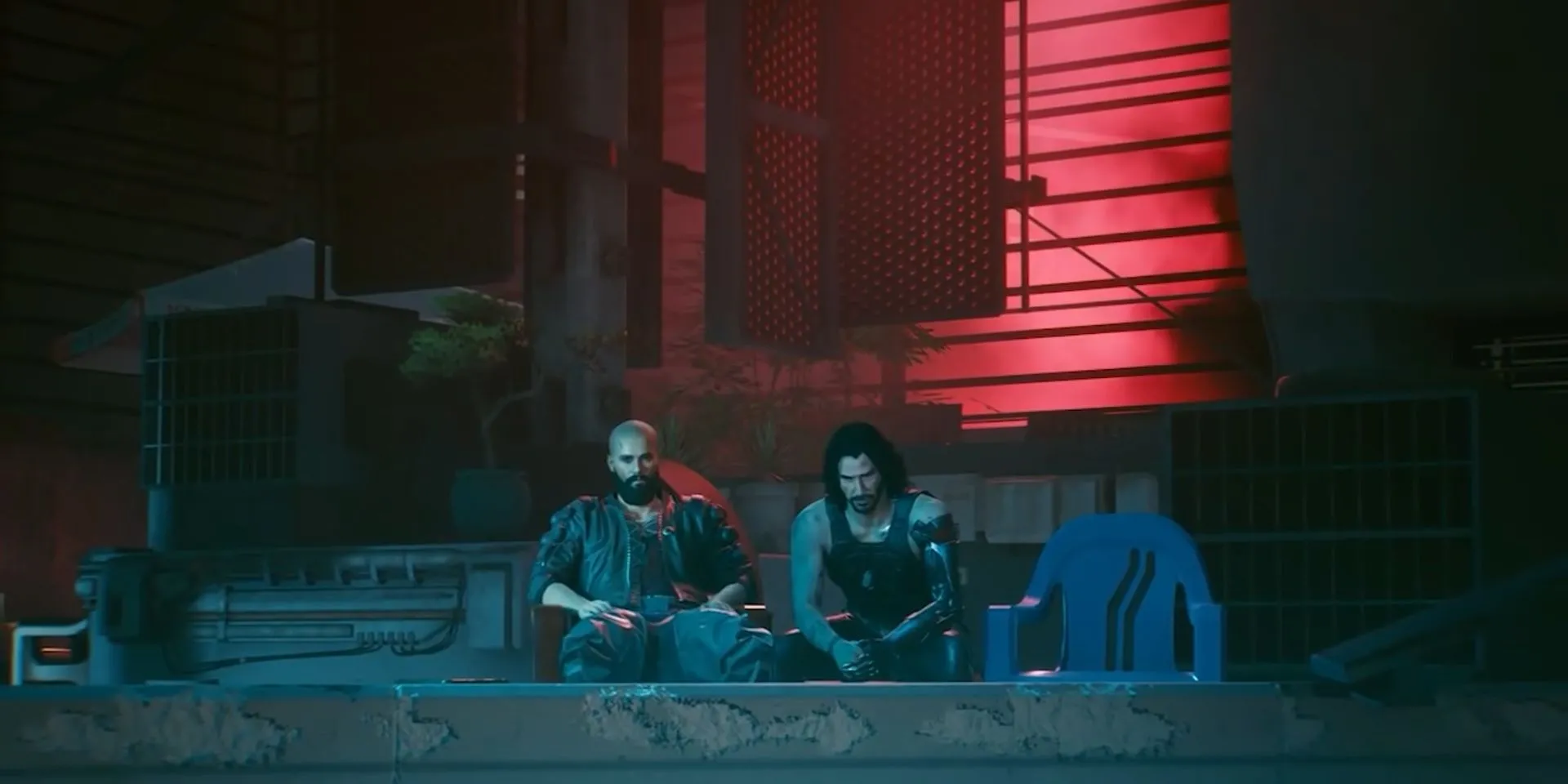 V và Johnny Silverhand trên mái nhà nhìn ra Night City trong Cyberpunk 2077