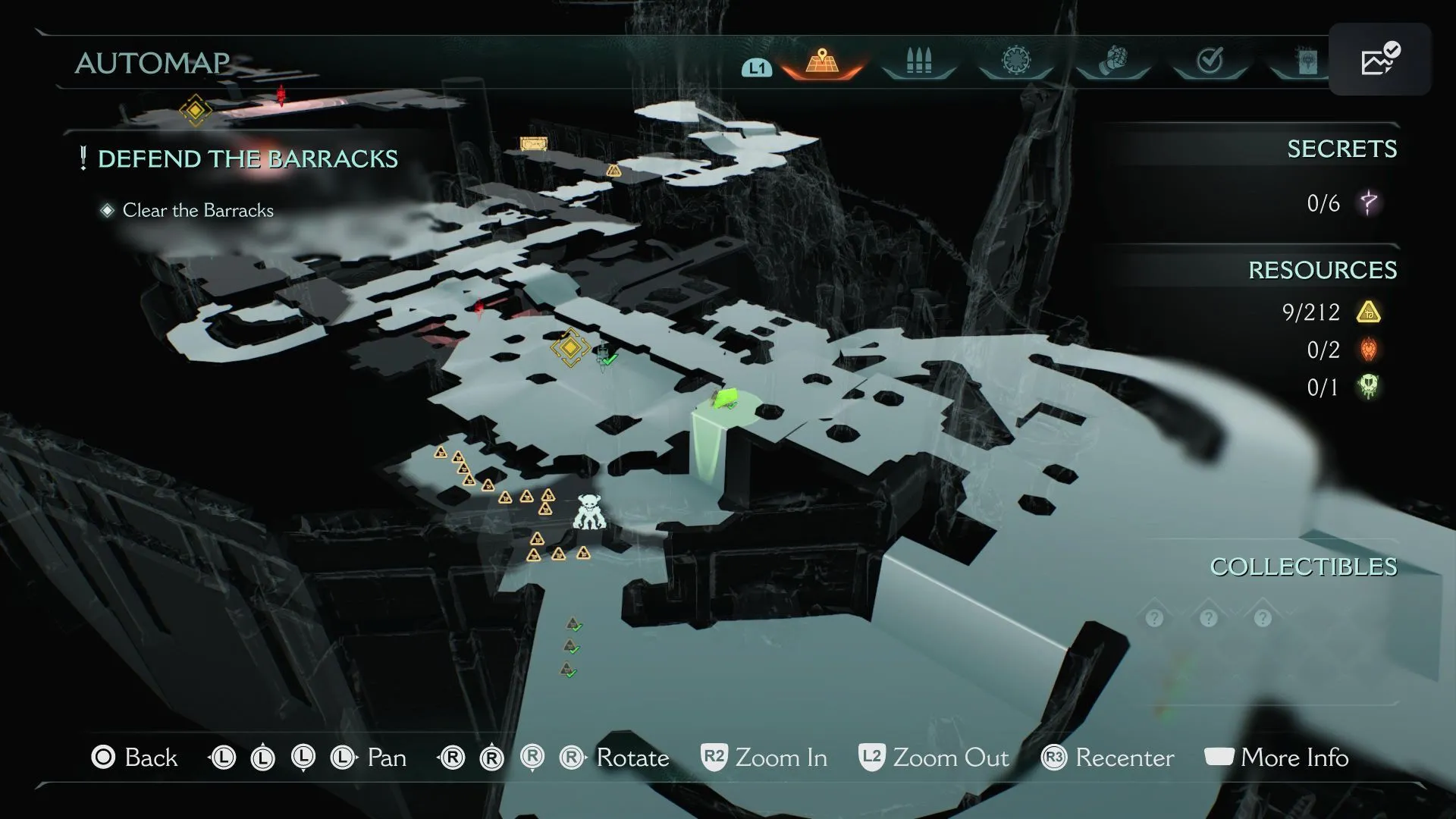 Vị trí đồ chơi Hell Knight sau bức tường gỗ có biểu tượng khiên xanh trong Chương 4 Sentinel Barracks