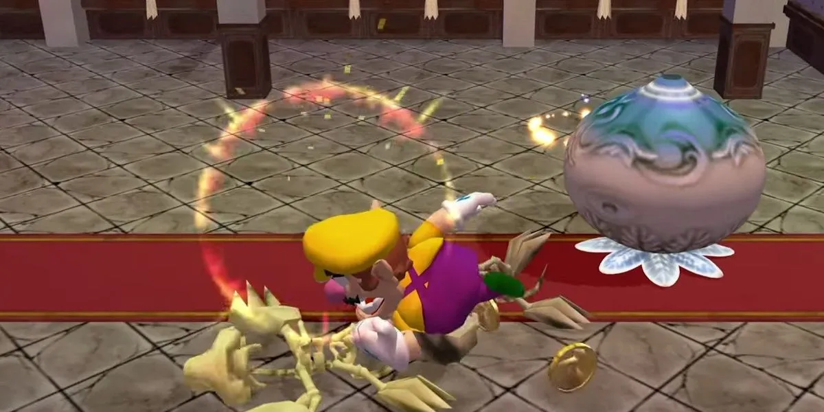 Wario húc đầu vào kẻ địch trong Wario World