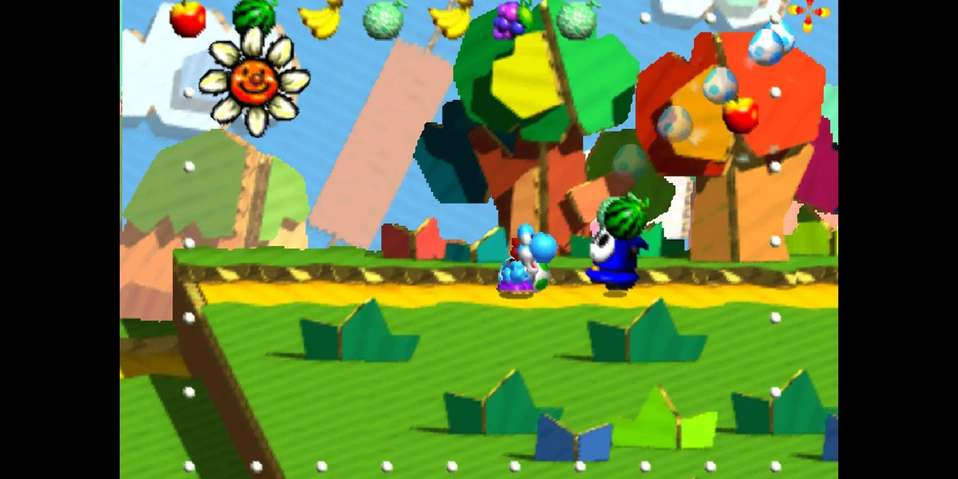 Yoshi ném trứng trong màn chơi nhiều màu sắc của Yoshi's Story N64